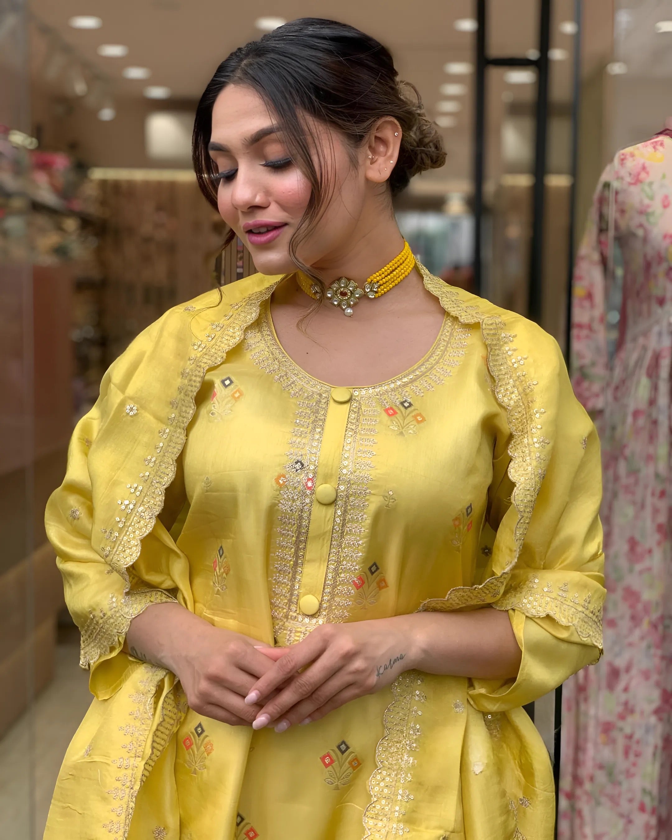 Yellow Women Embroidered Viscose Kurta set