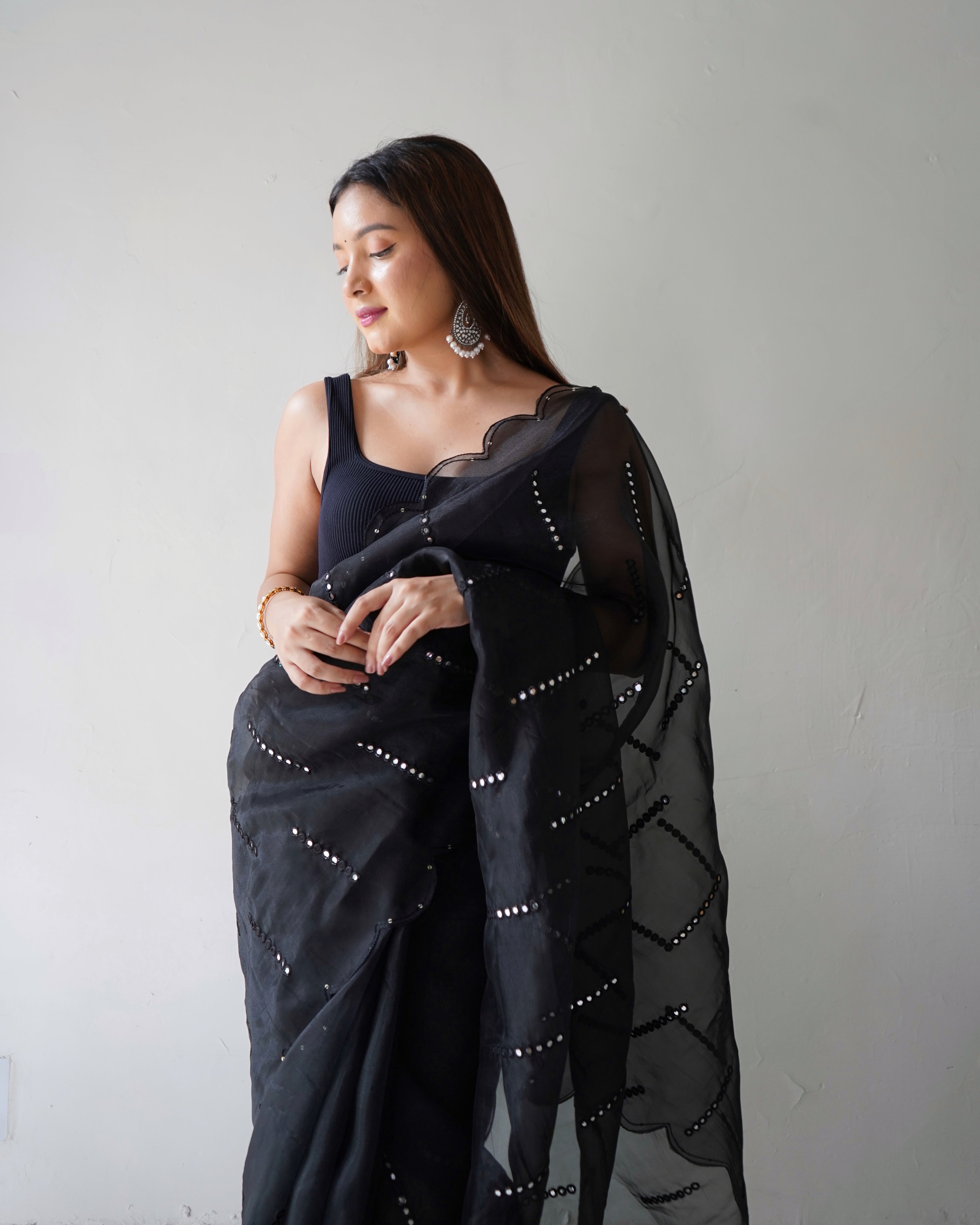 Black Organza Saree With Satin Benglori Blouse