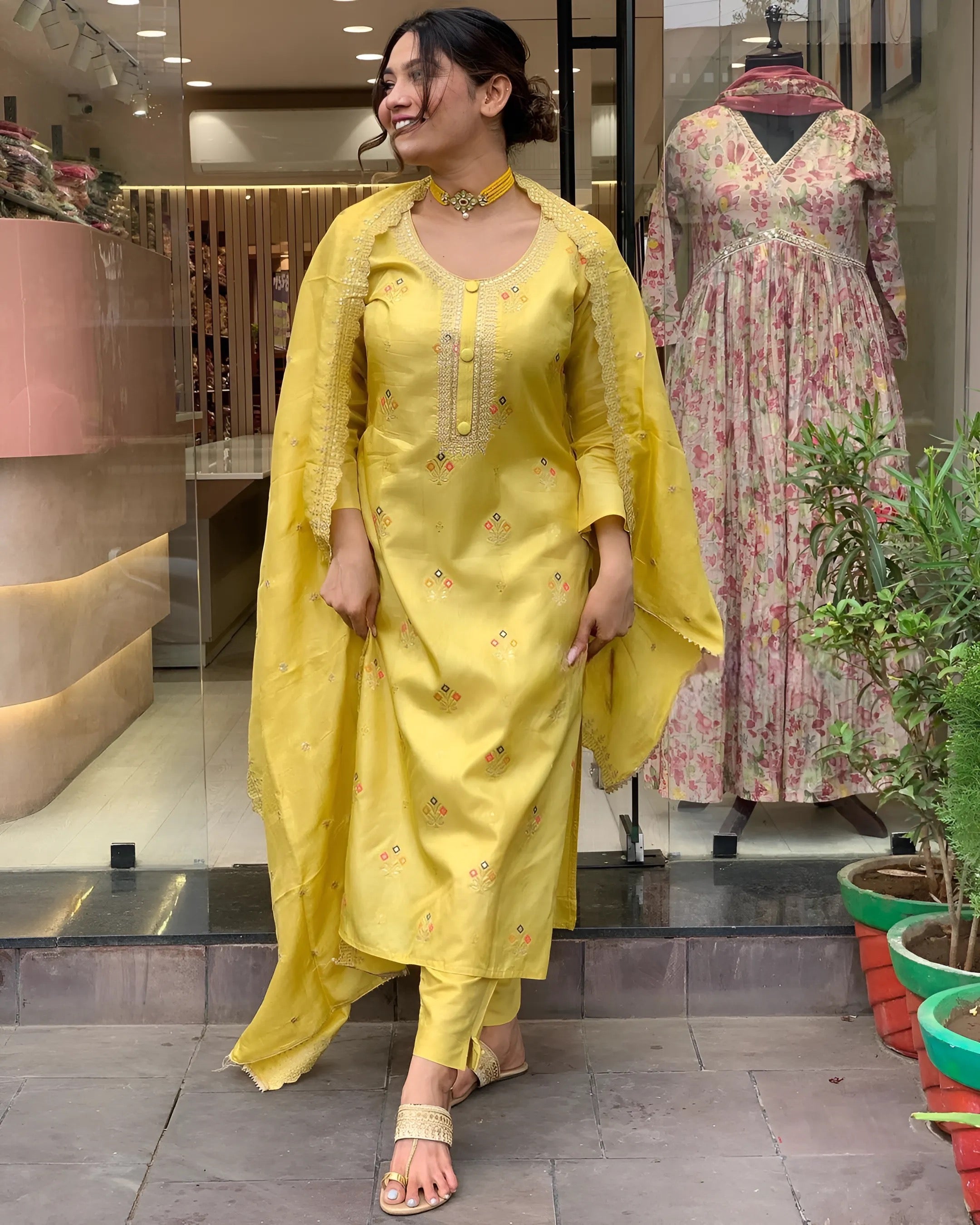 Yellow Women Embroidered Viscose Kurta set