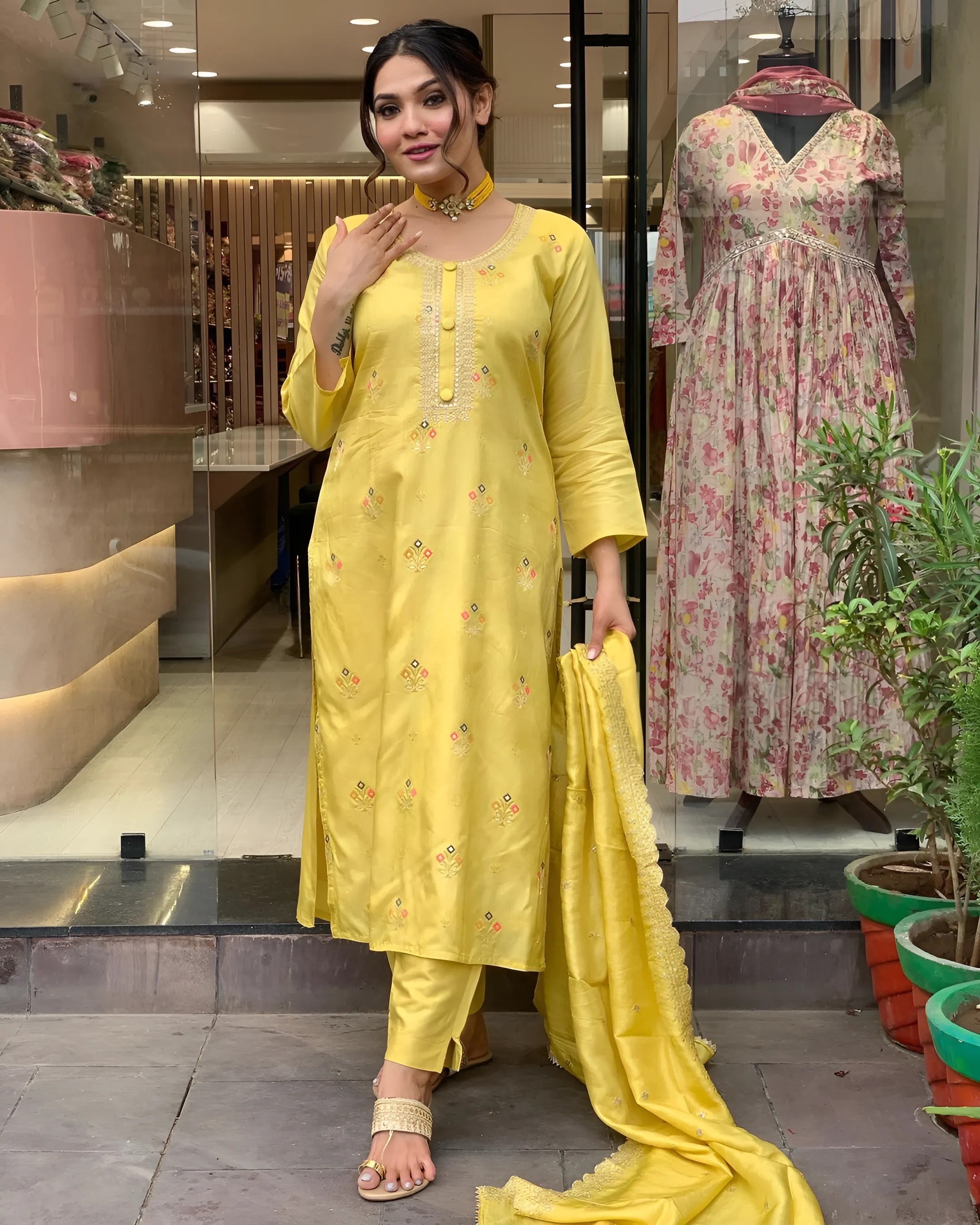 Yellow Women Embroidered Viscose Kurta set