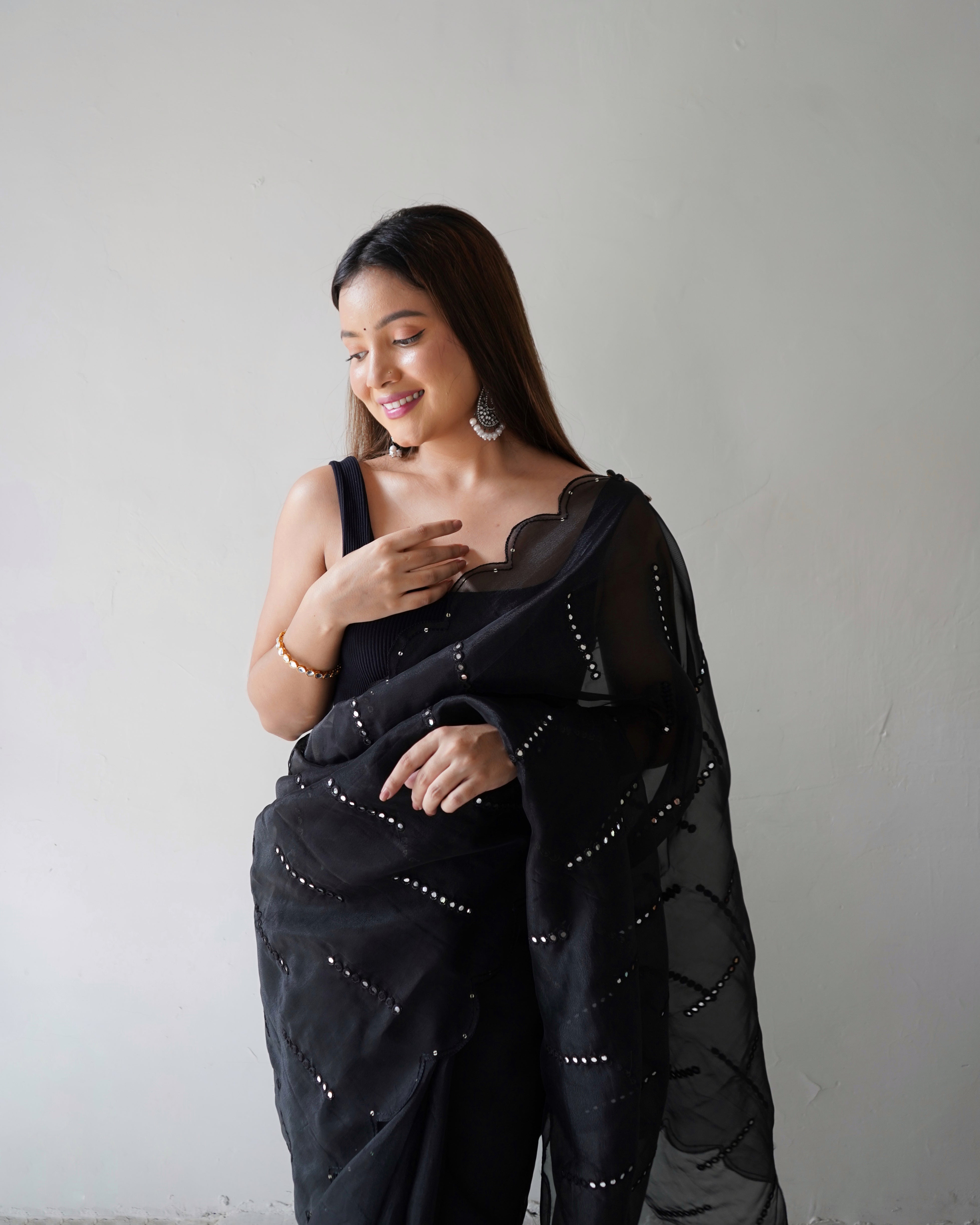 Black Organza Saree With Satin Benglori Blouse