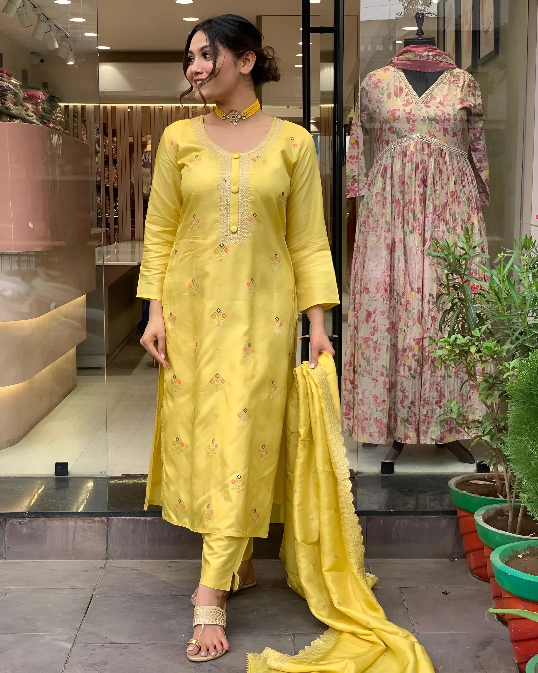 Yellow Women Embroidered Viscose Kurta set