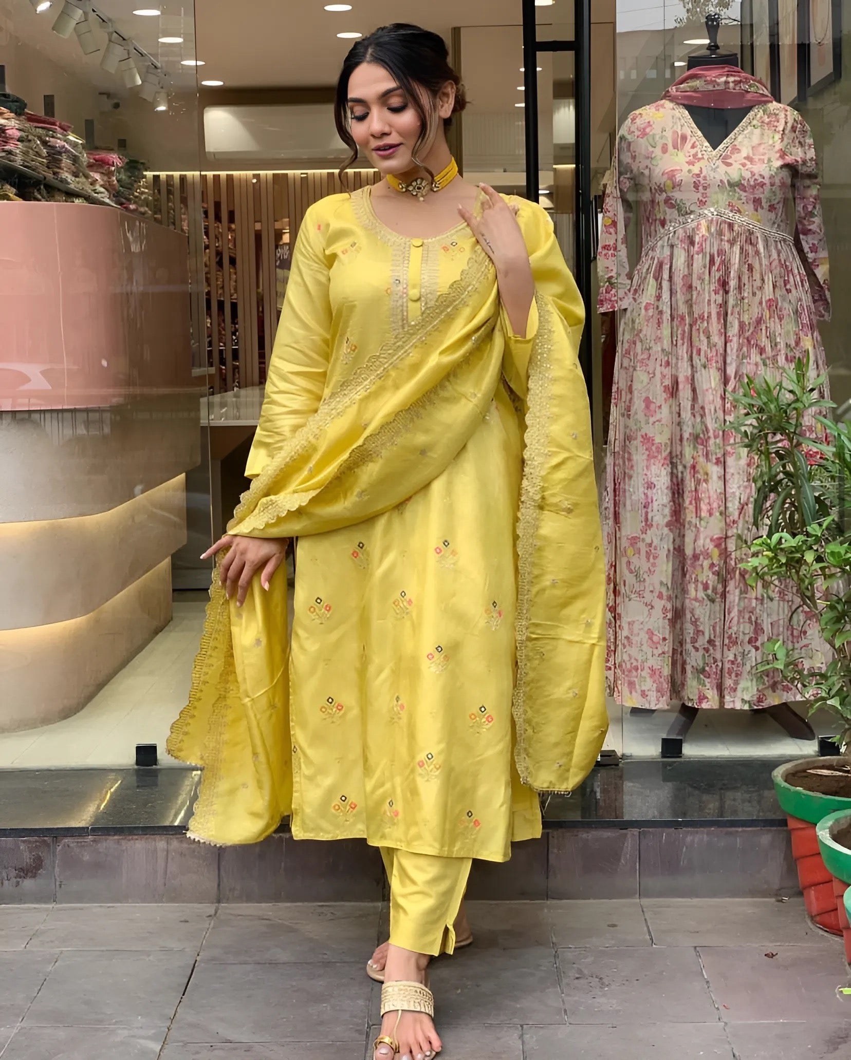 Yellow Women Embroidered Viscose Kurta set