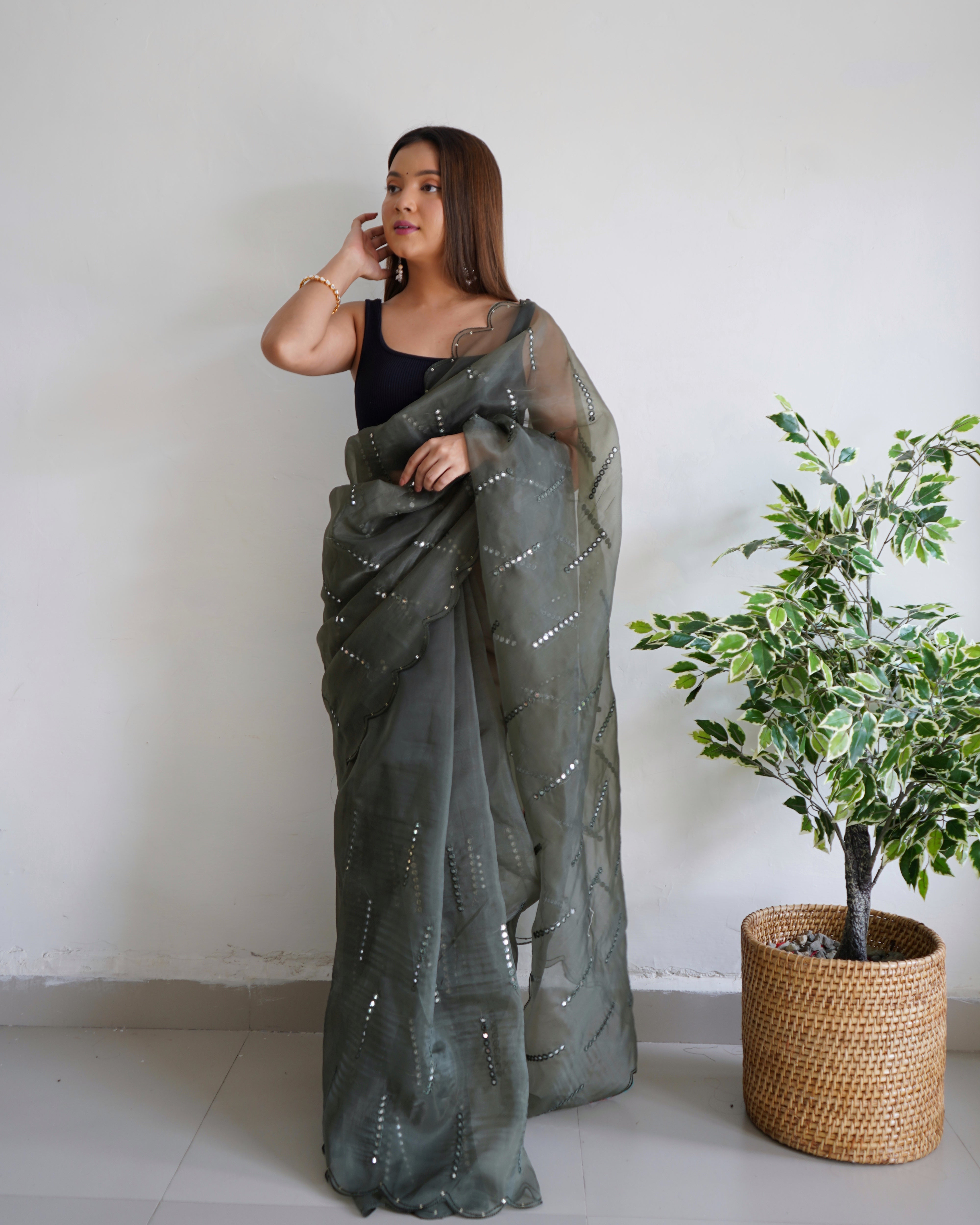 Grey Organza Saree With Satin Benglori Blouse