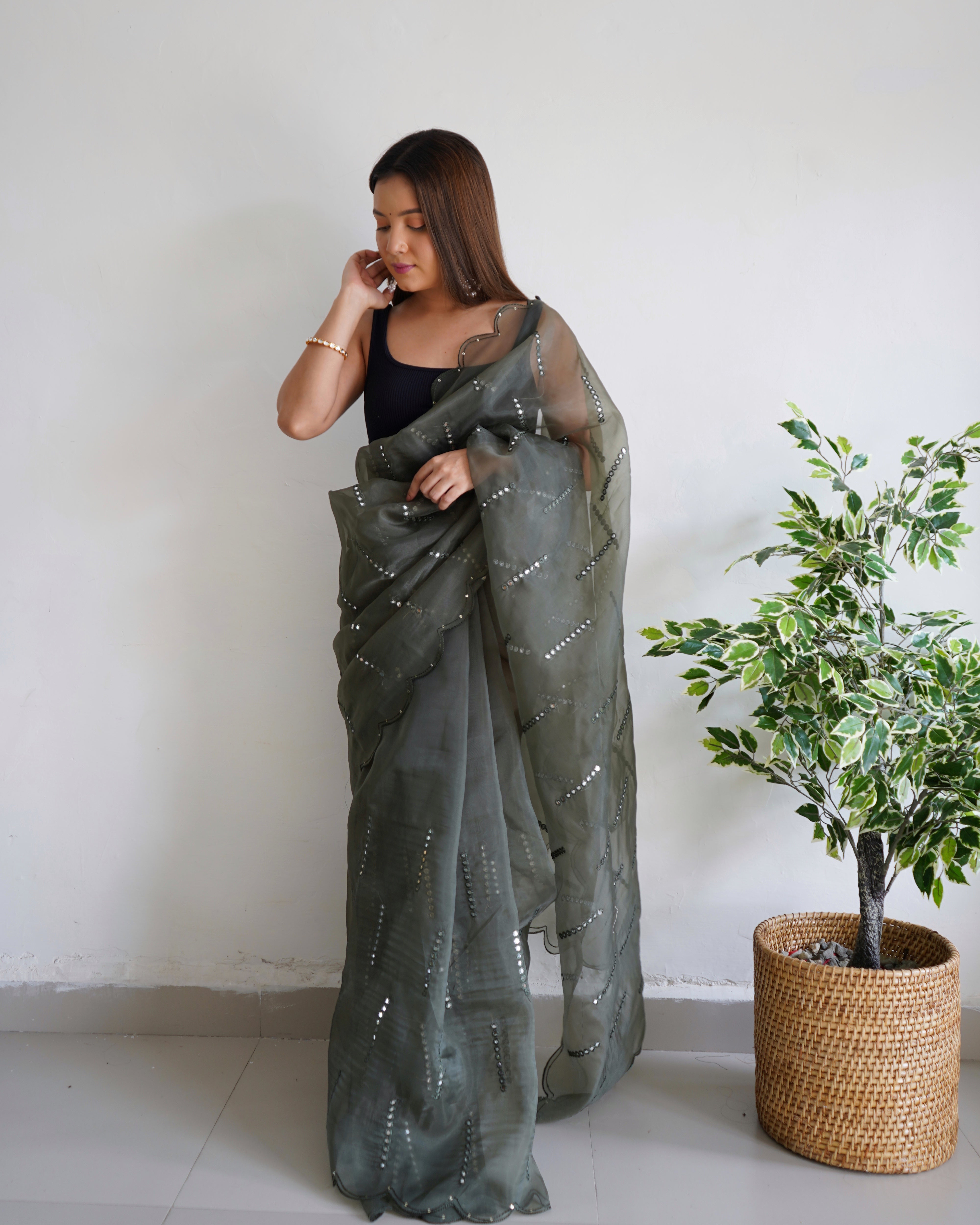 Grey Organza Saree With Satin Benglori Blouse