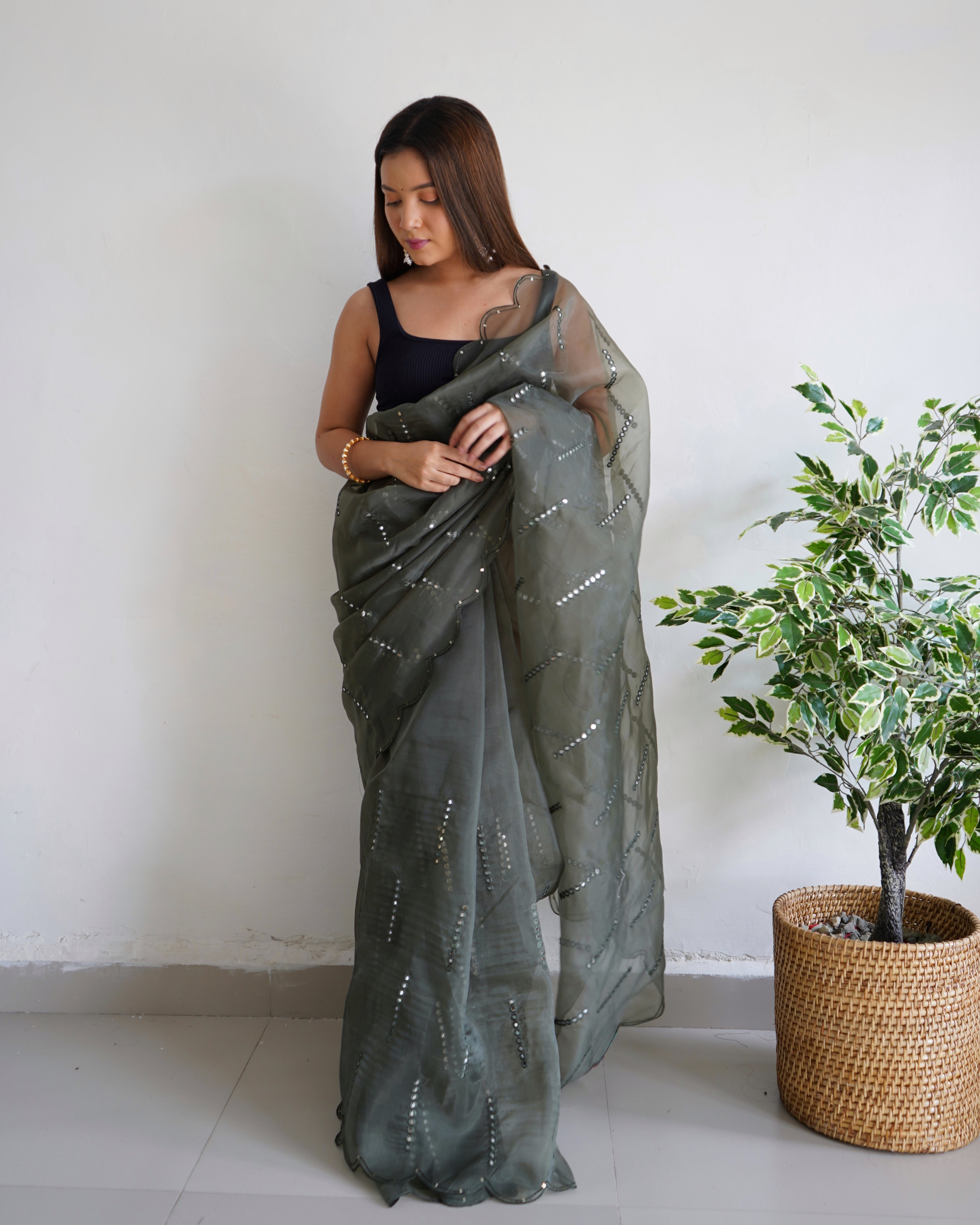 Grey Organza Saree With Satin Benglori Blouse