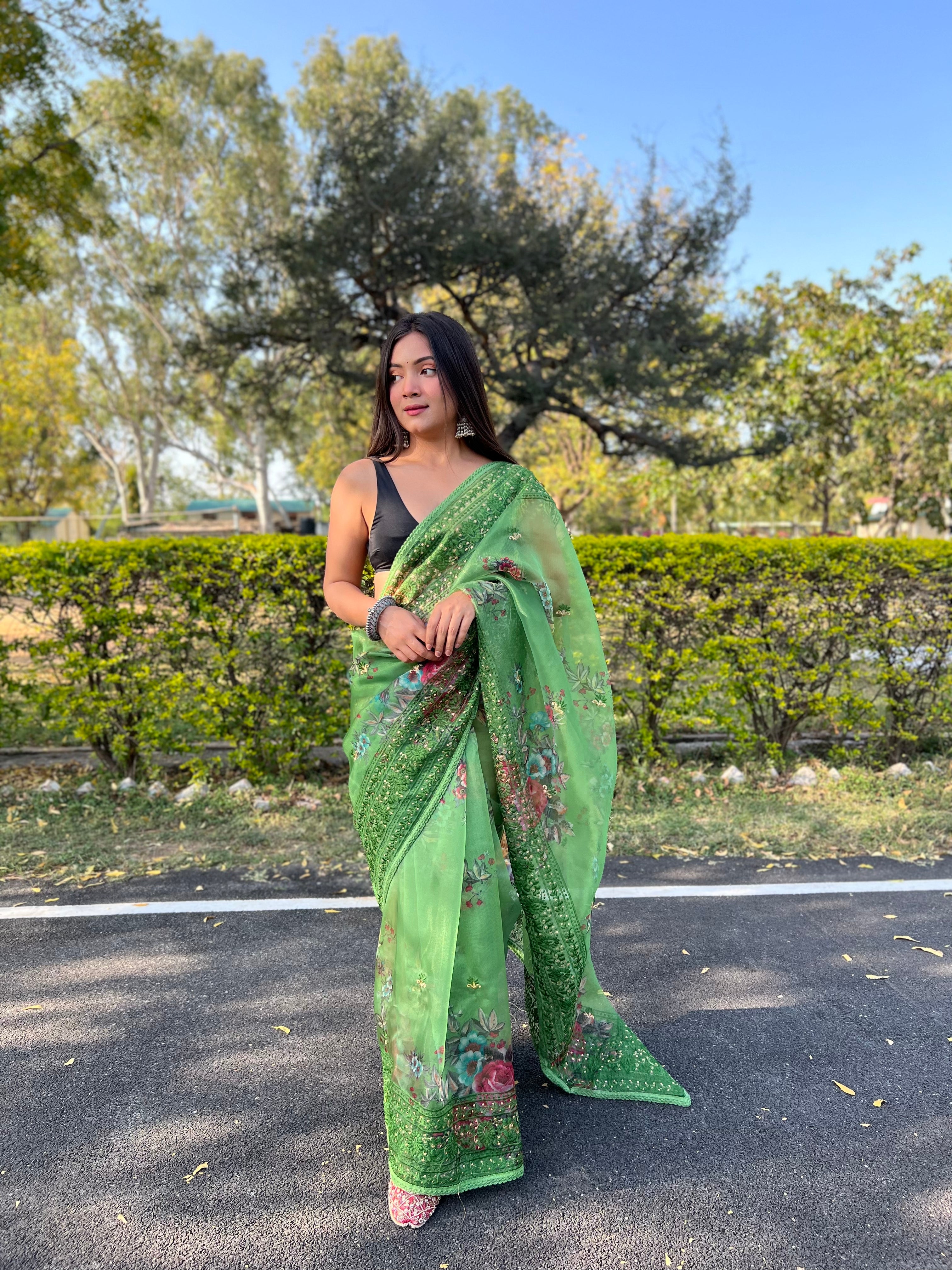 GREEN Organza Saree With Satin Benglori Blouse