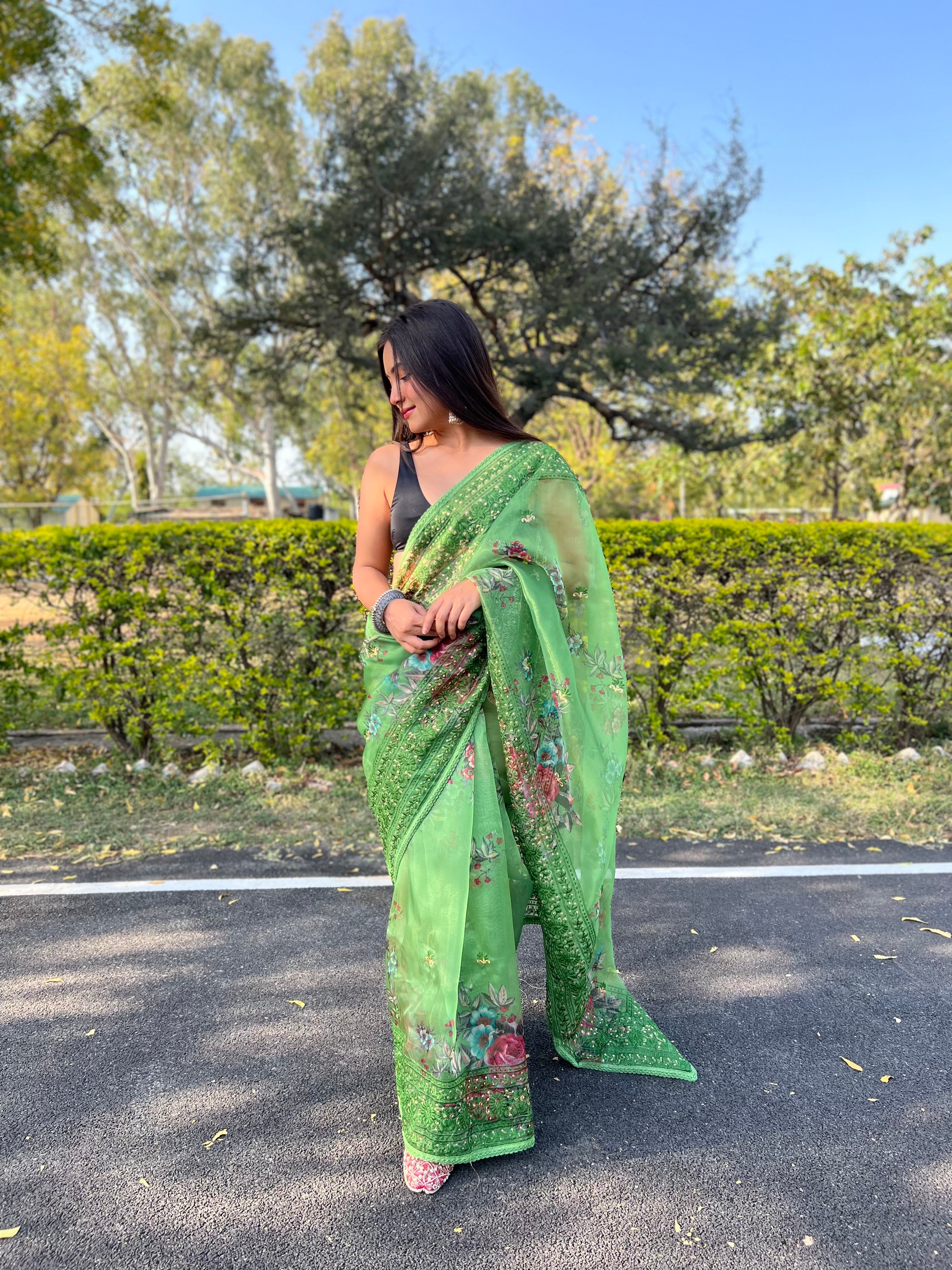 GREEN Organza Saree With Satin Benglori Blouse