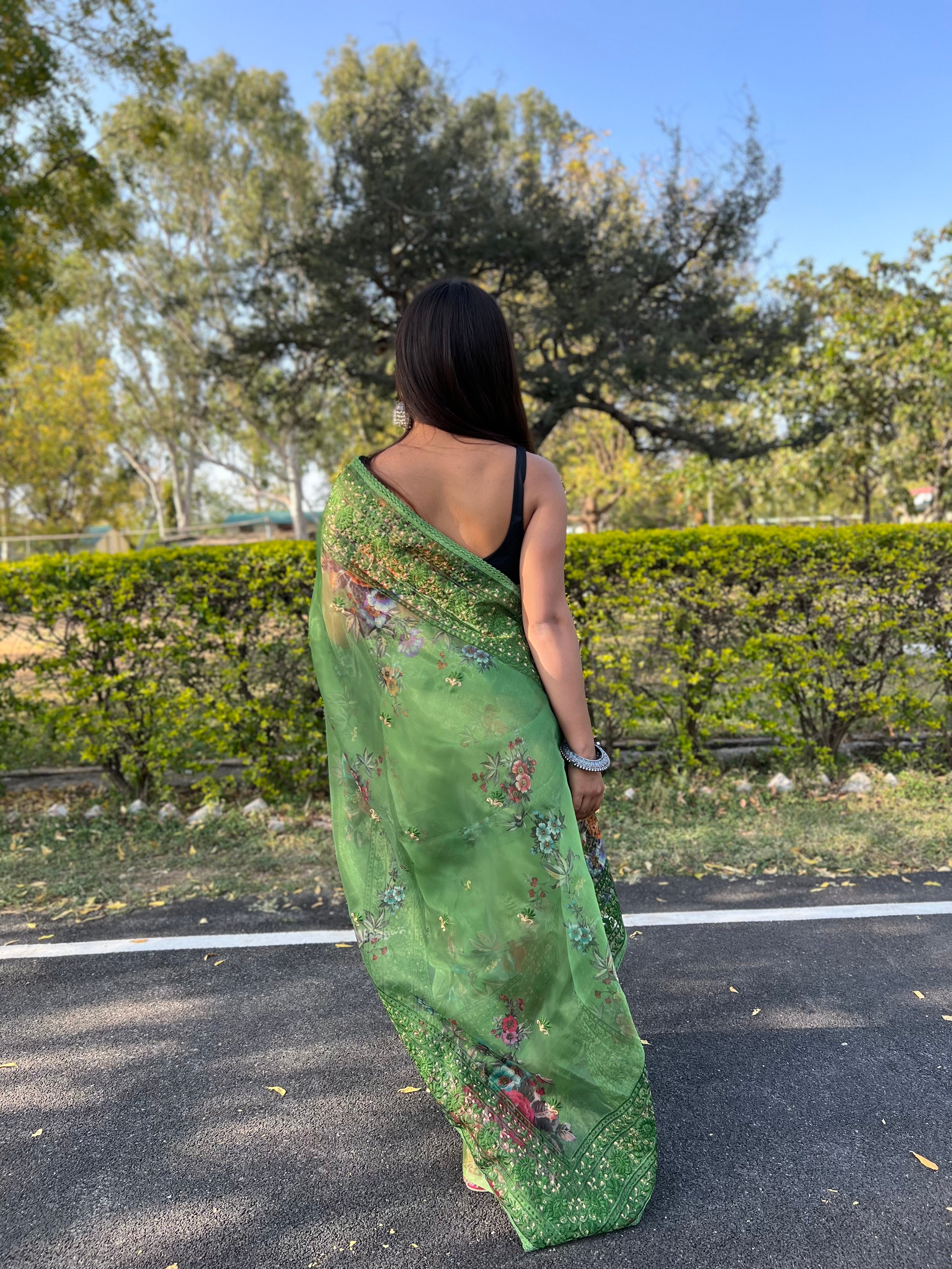 GREEN Organza Saree With Satin Benglori Blouse