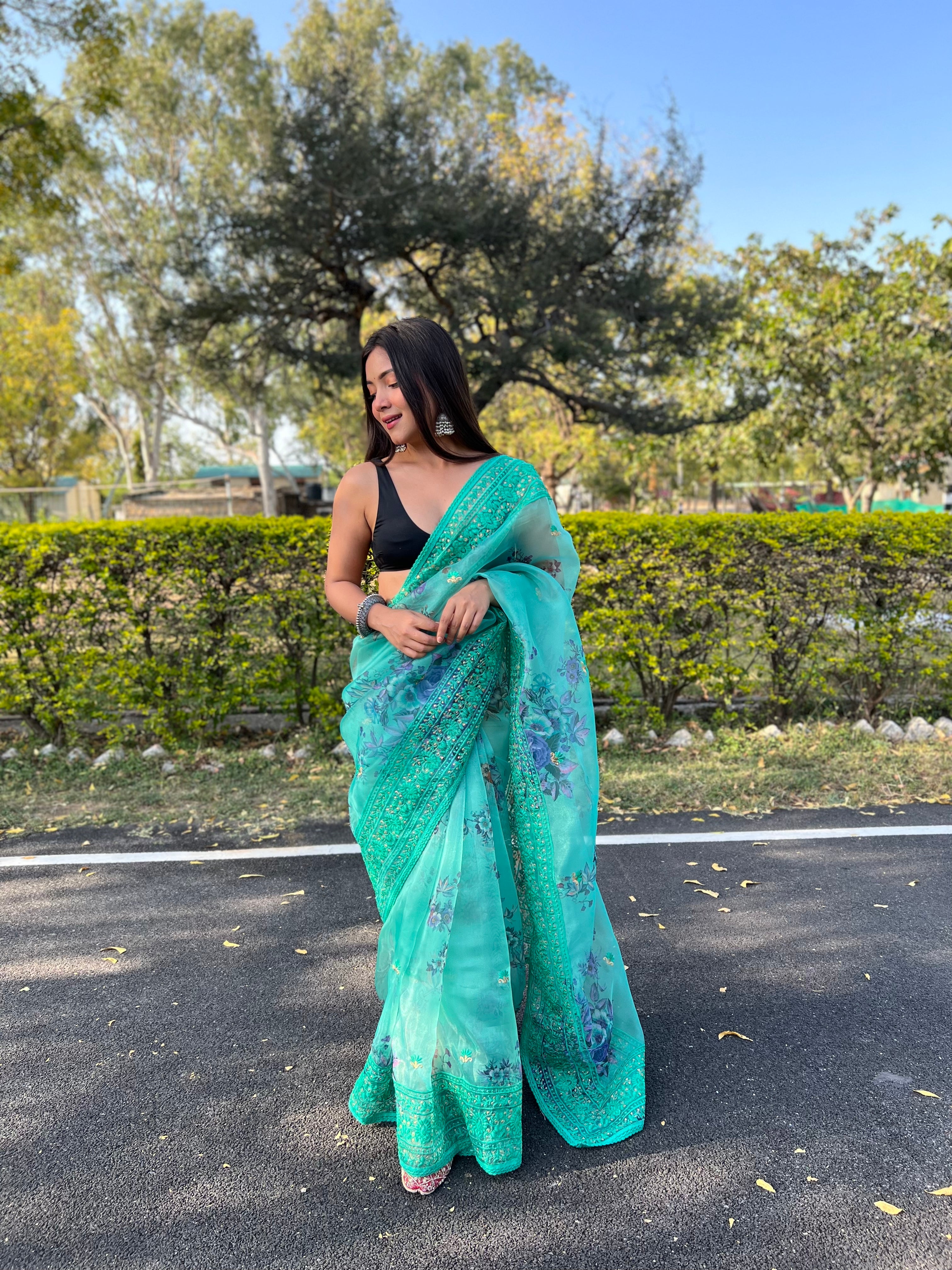 BLUE Organza Saree With Satin Benglori Blouse