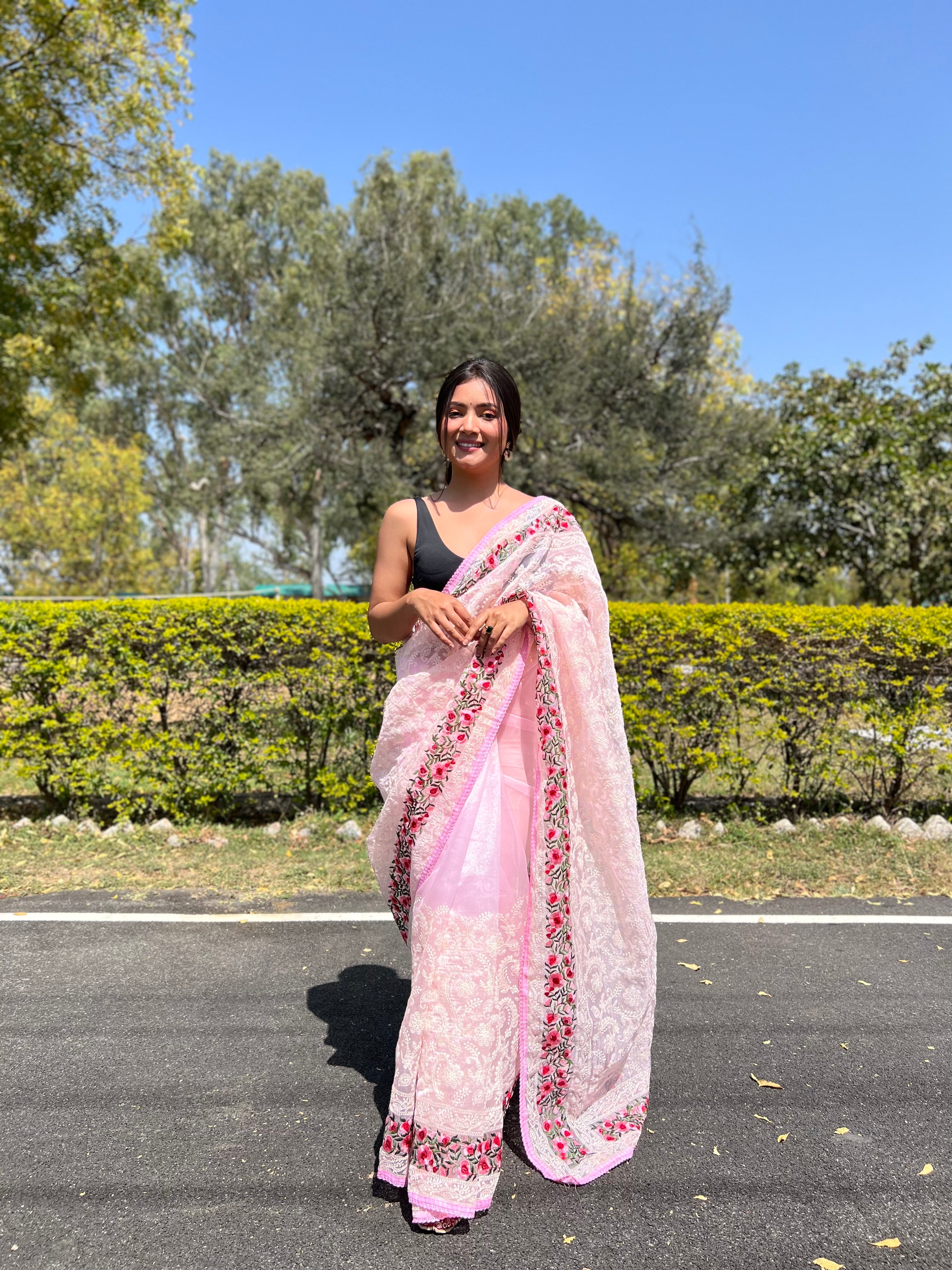 Pink Organza Saree With Satin Banglori Blouse