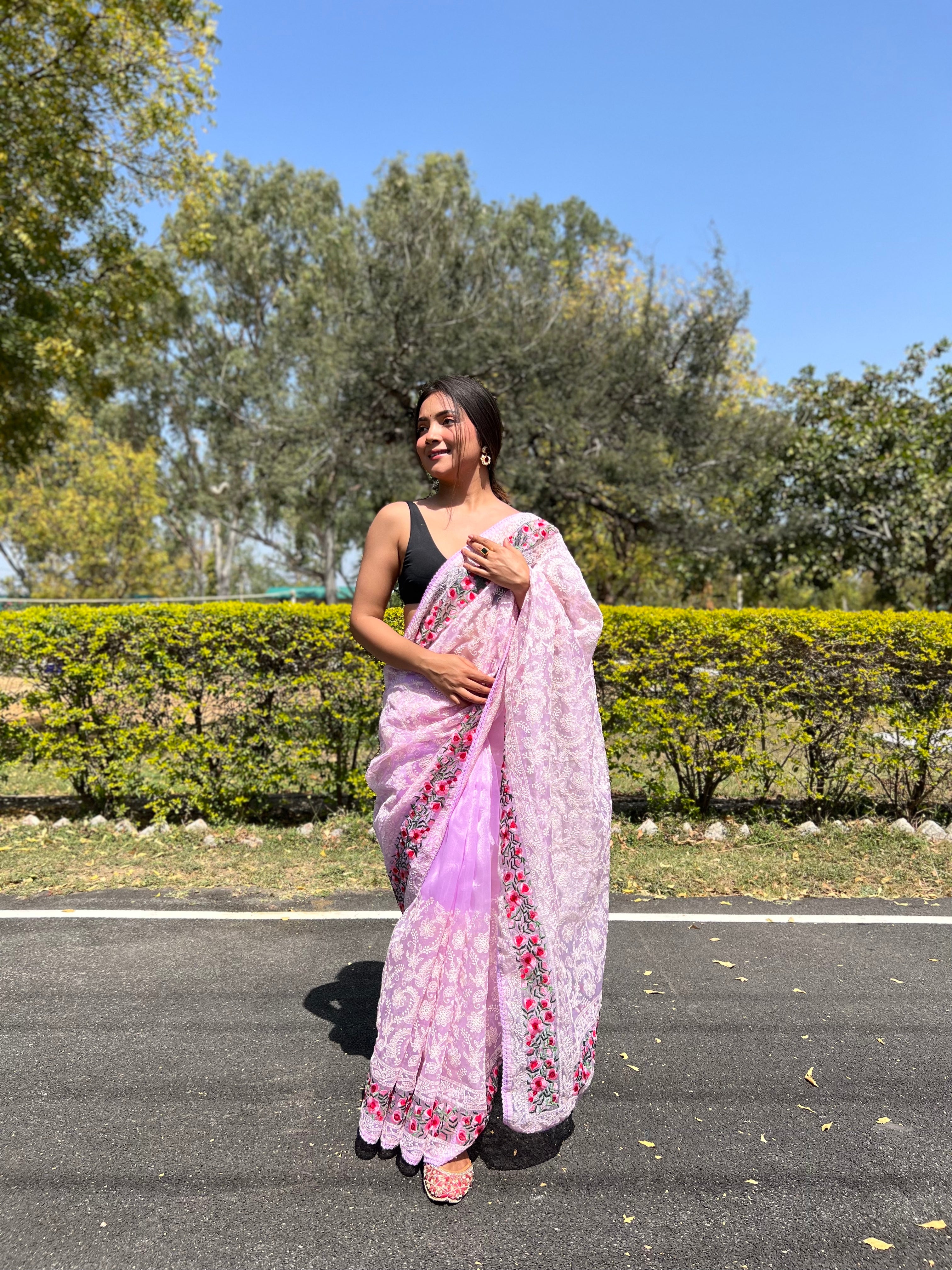 Purple Organza Saree With Satin Banglori Blouse