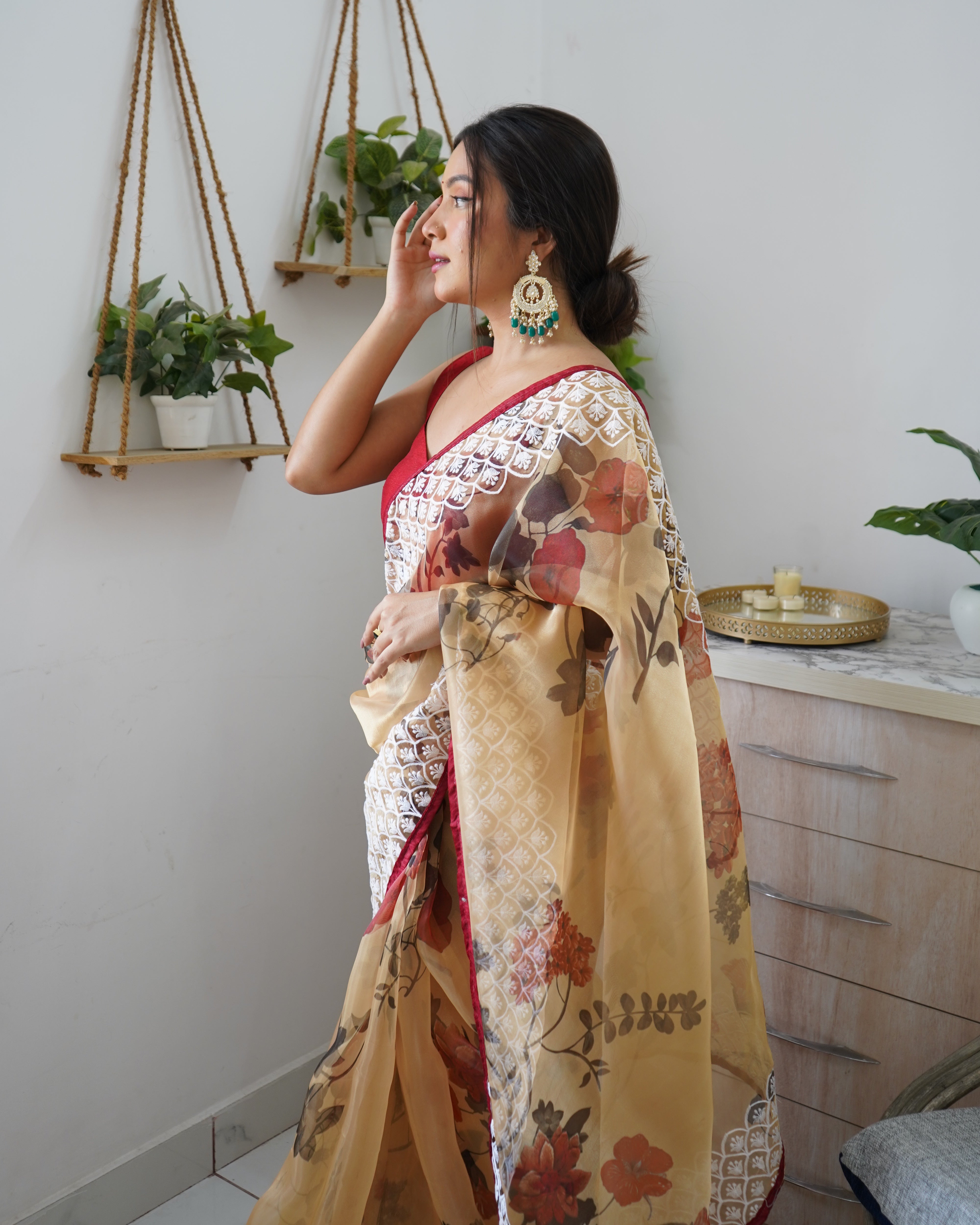 Brown Organza Saree With Satin Benglori Blouse