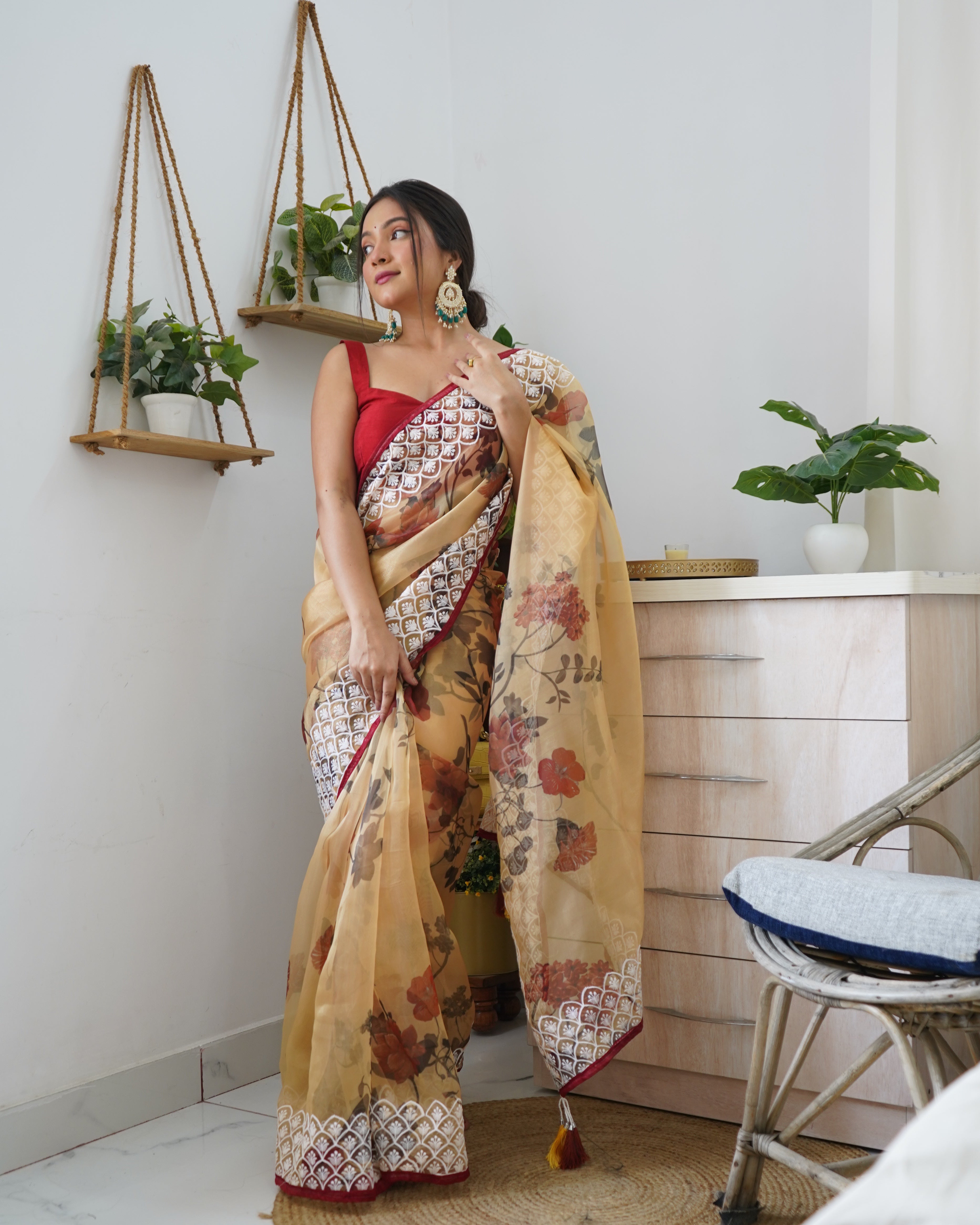 Brown Organza Saree With Satin Benglori Blouse