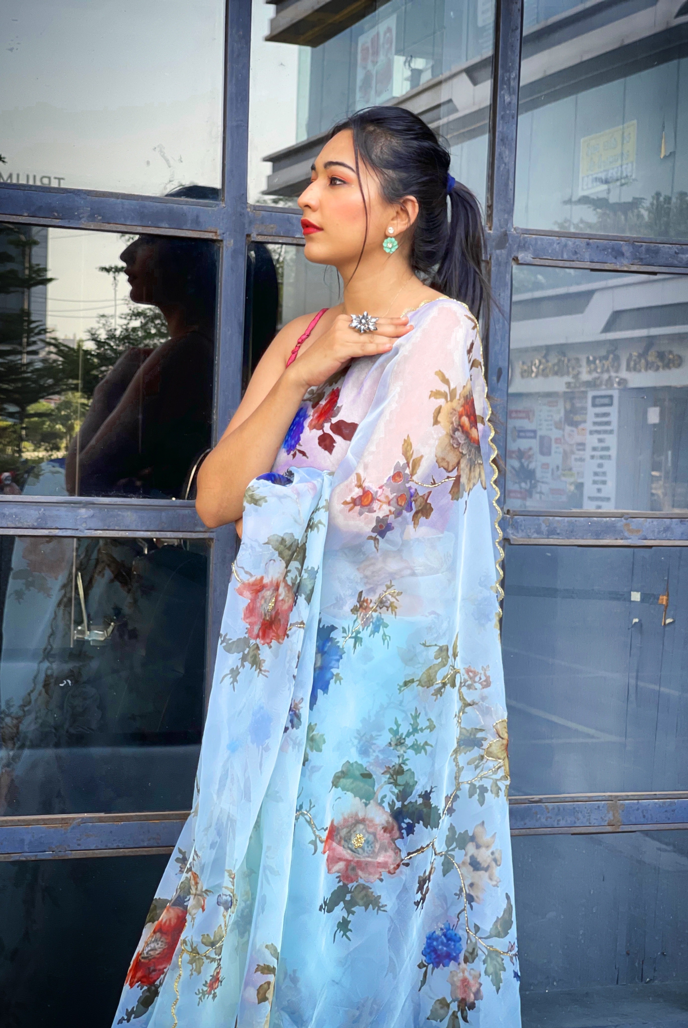 Sky Organza Saree With Satin Benglori Blouse