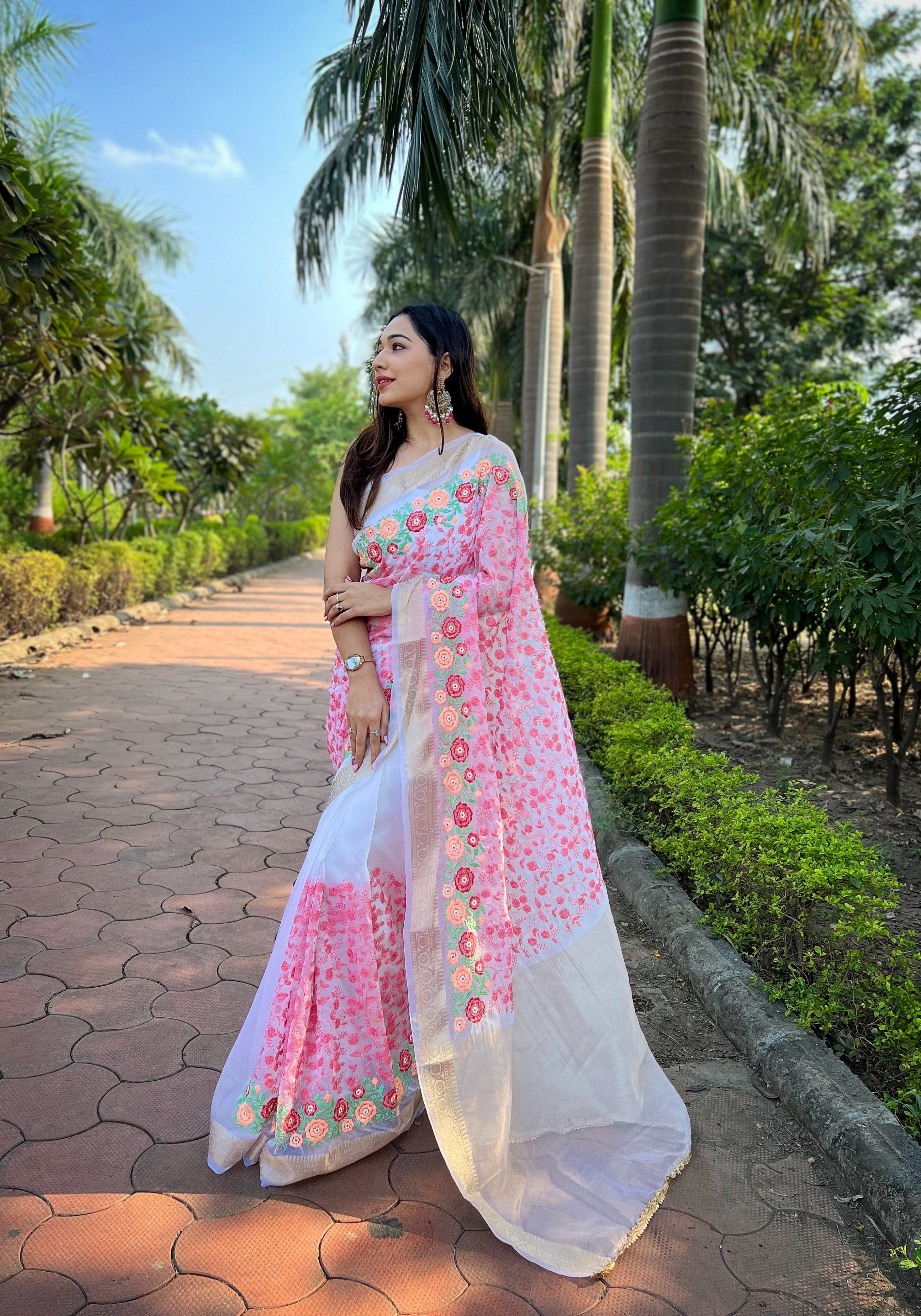 Pink ORGANZA SILK Saree With Satin Banglori Blouse