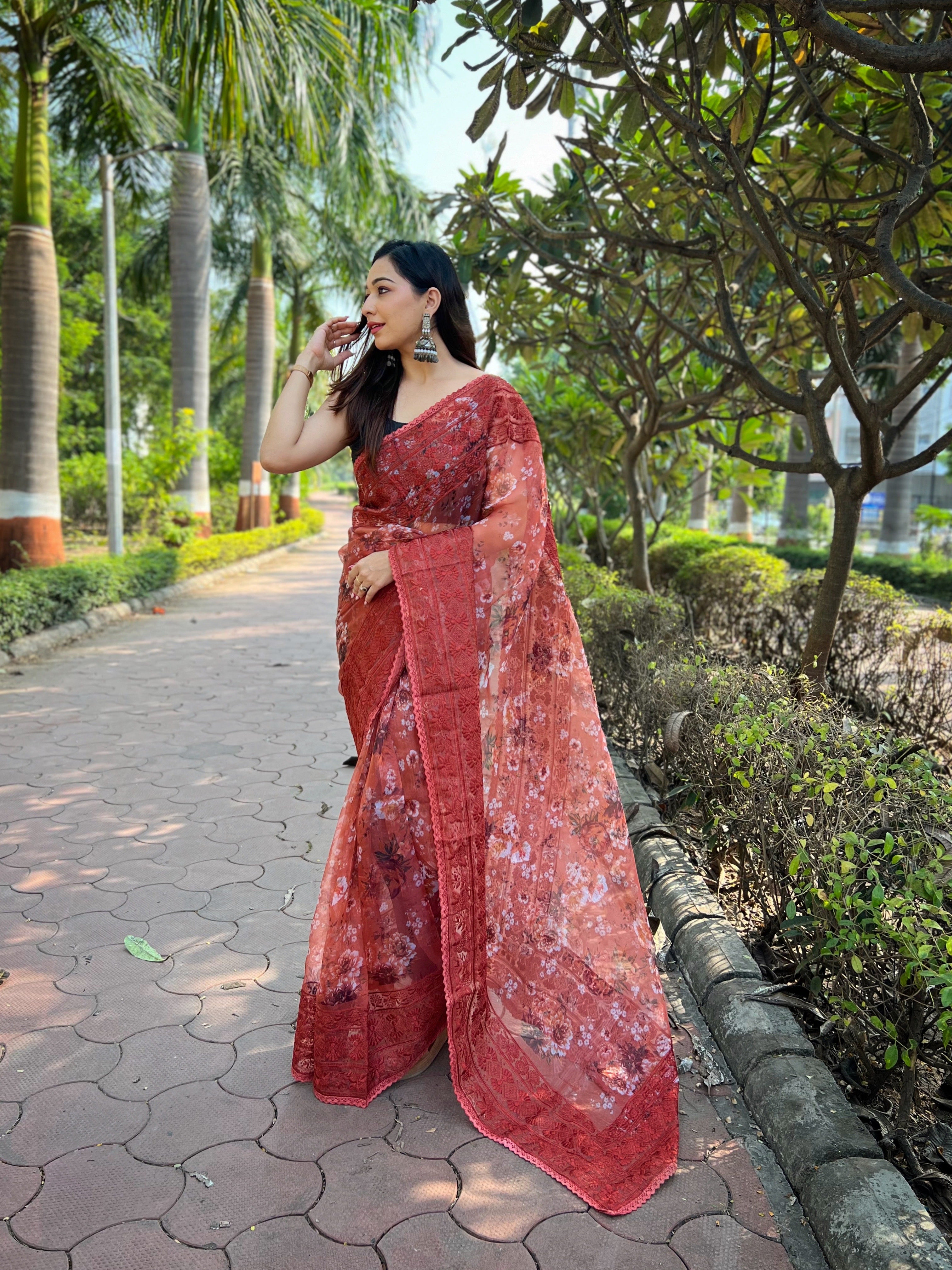 Peach Organza Saree With sattin benglori Blouse