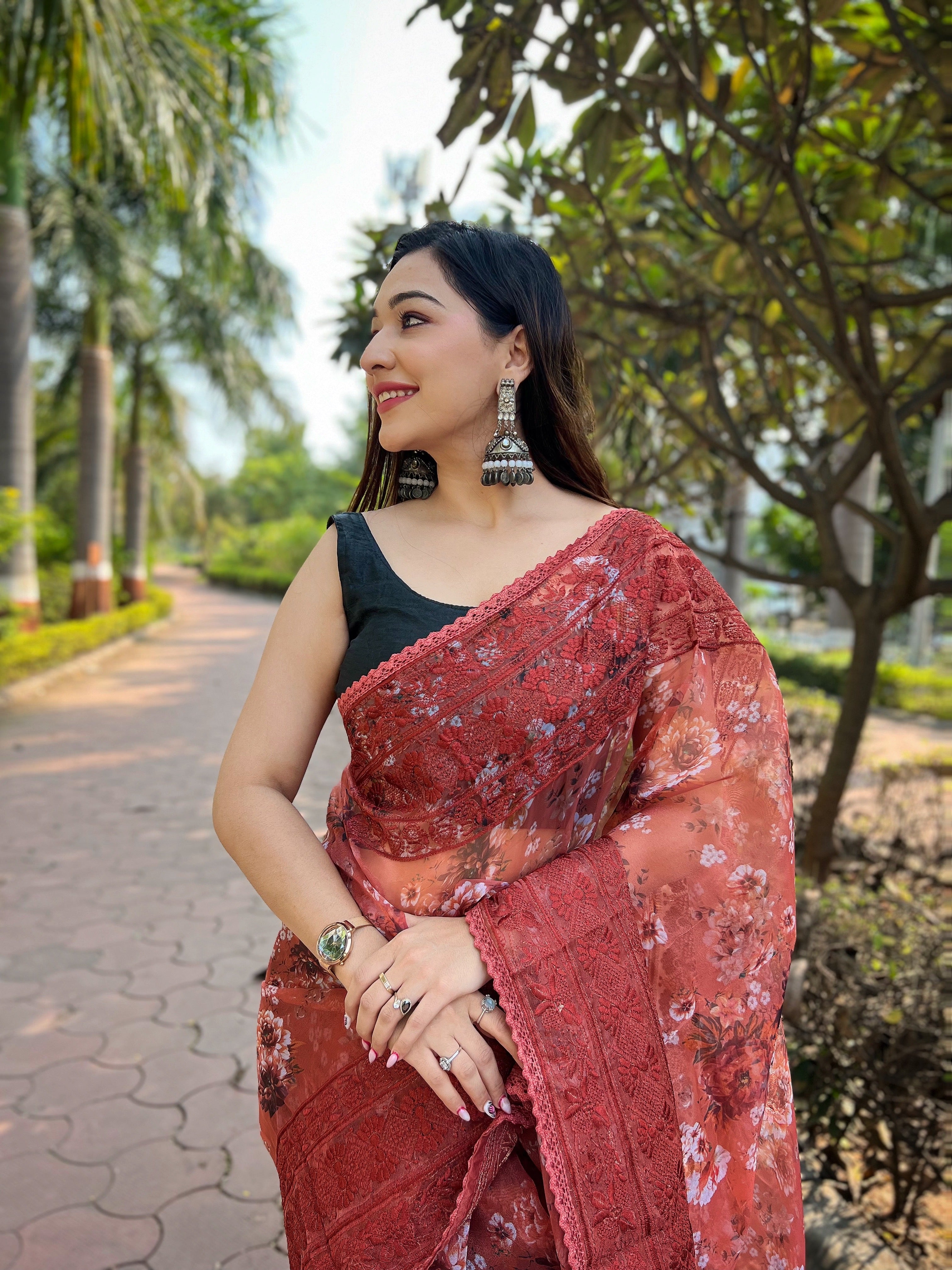 Peach Organza Saree With sattin benglori Blouse