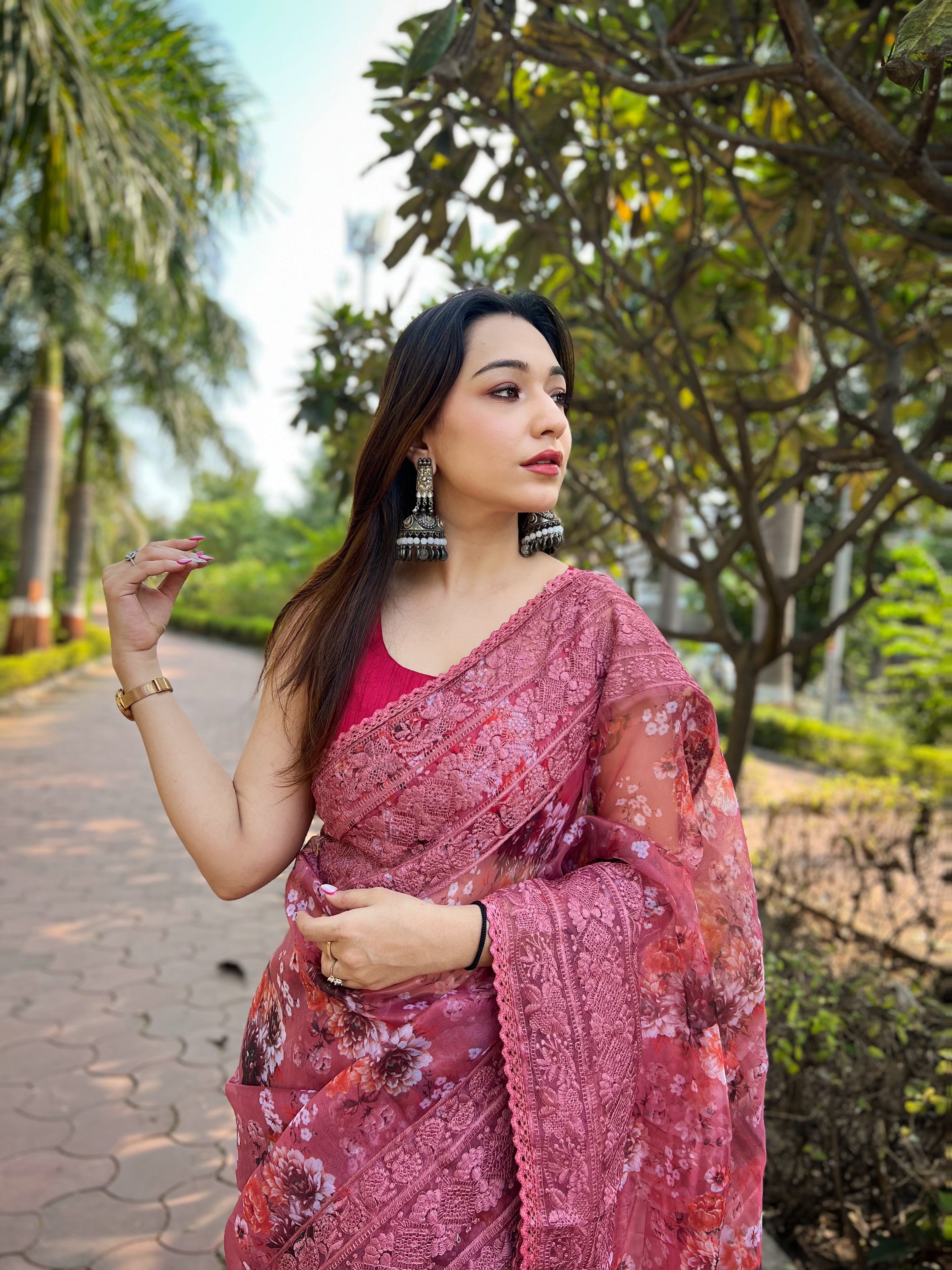 Pink Organza Saree With sattin benglori Blouse