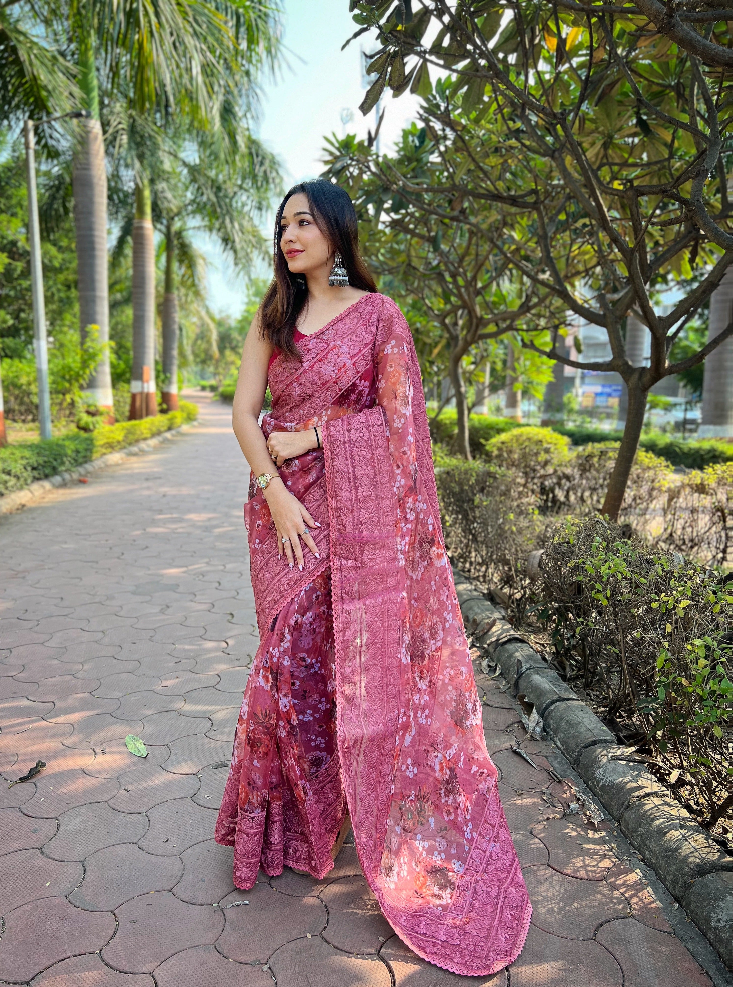 Pink Organza Saree With sattin benglori Blouse