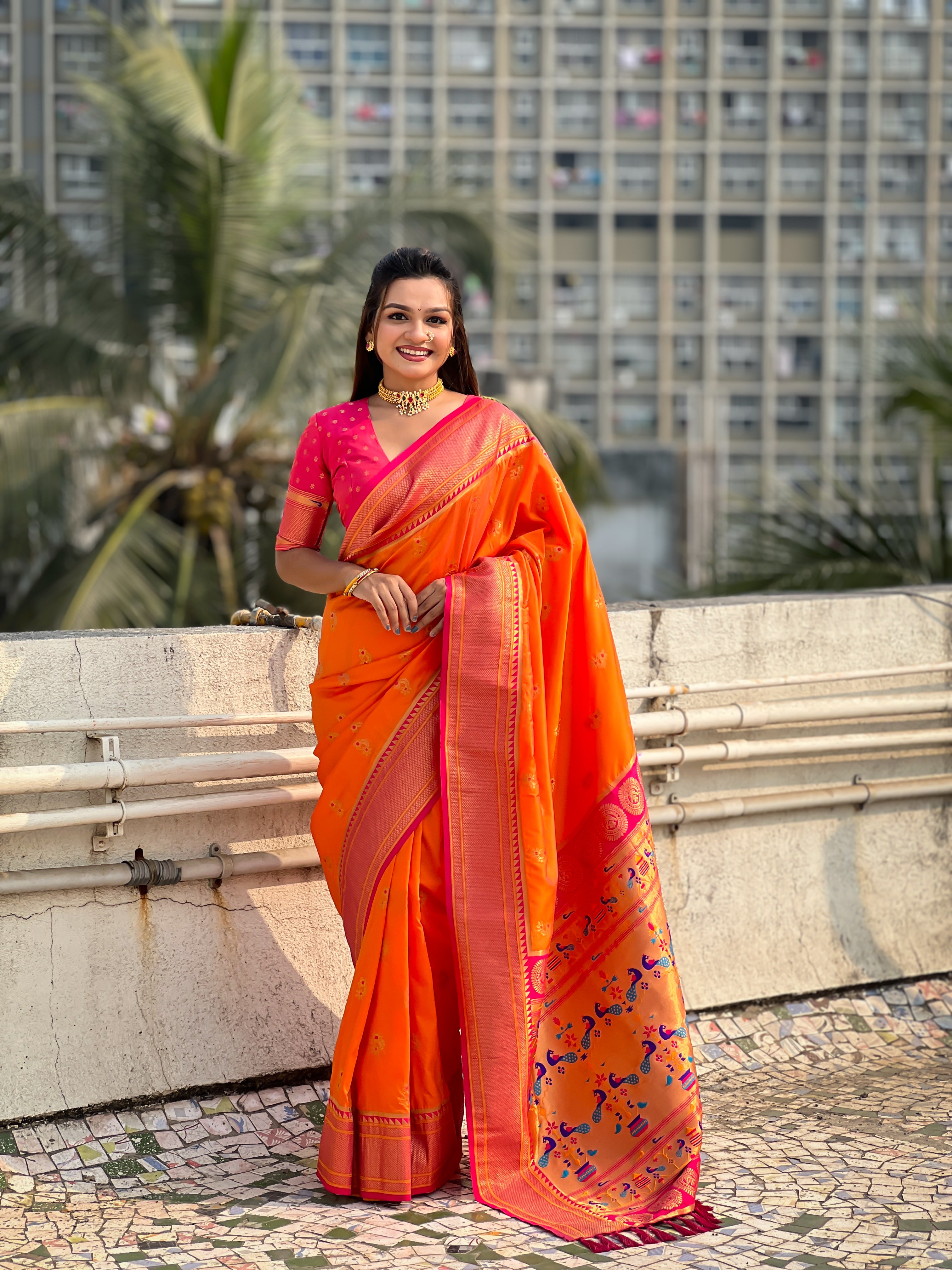 ORANGE SOFT SILK WITH NATH MEENAKARI WEAVES SAREE