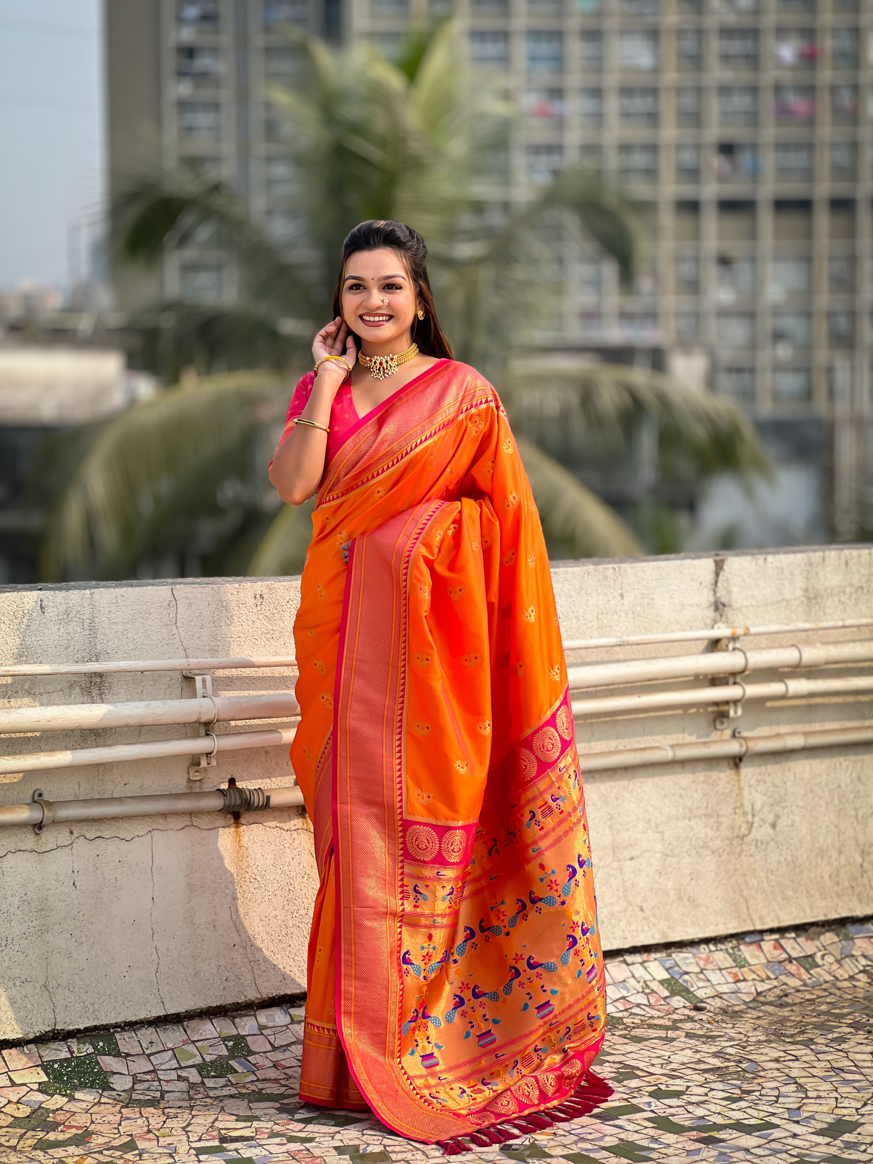 ORANGE SOFT SILK WITH NATH MEENAKARI WEAVES SAREE