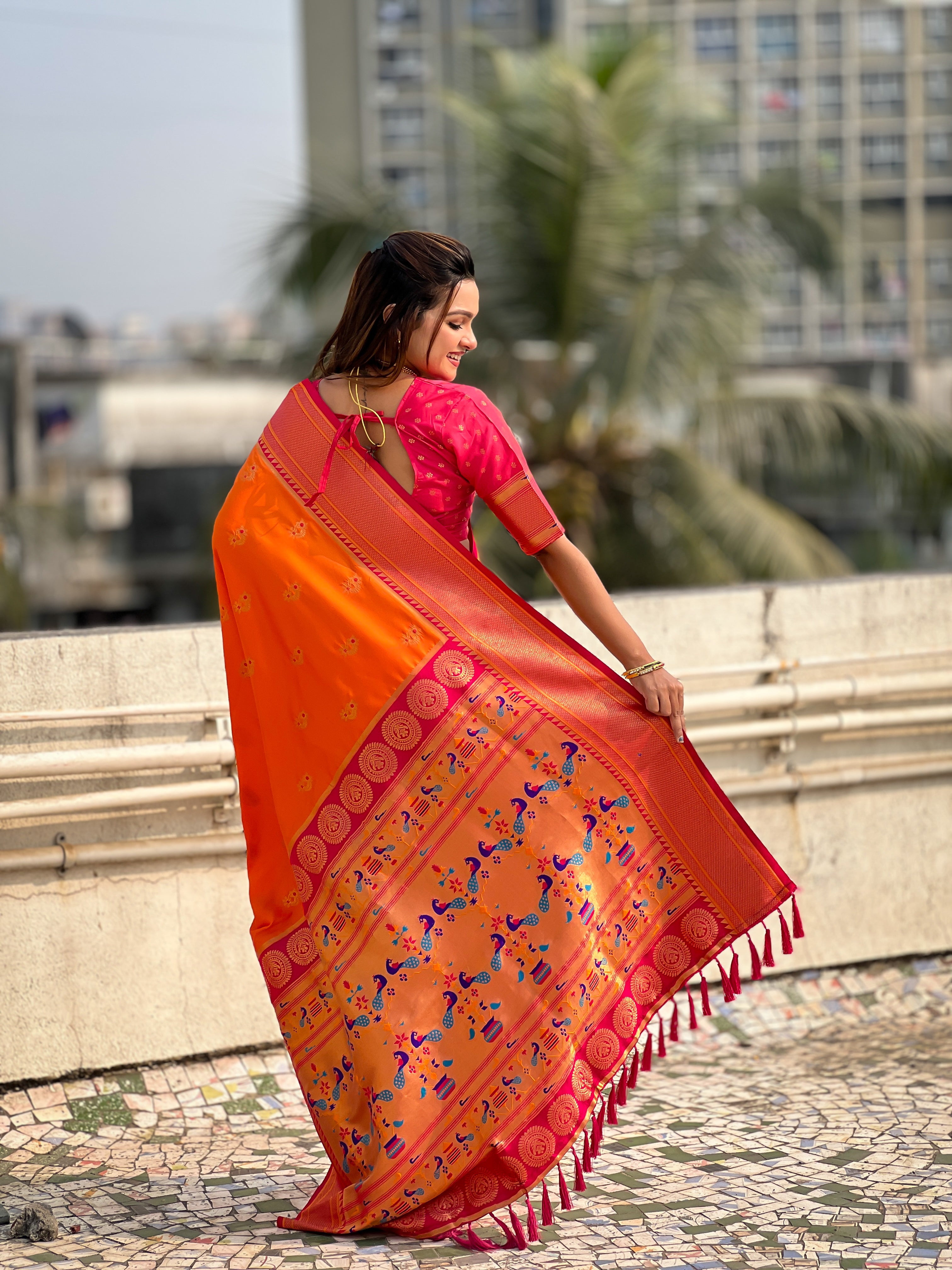 ORANGE SOFT SILK WITH NATH MEENAKARI WEAVES SAREE