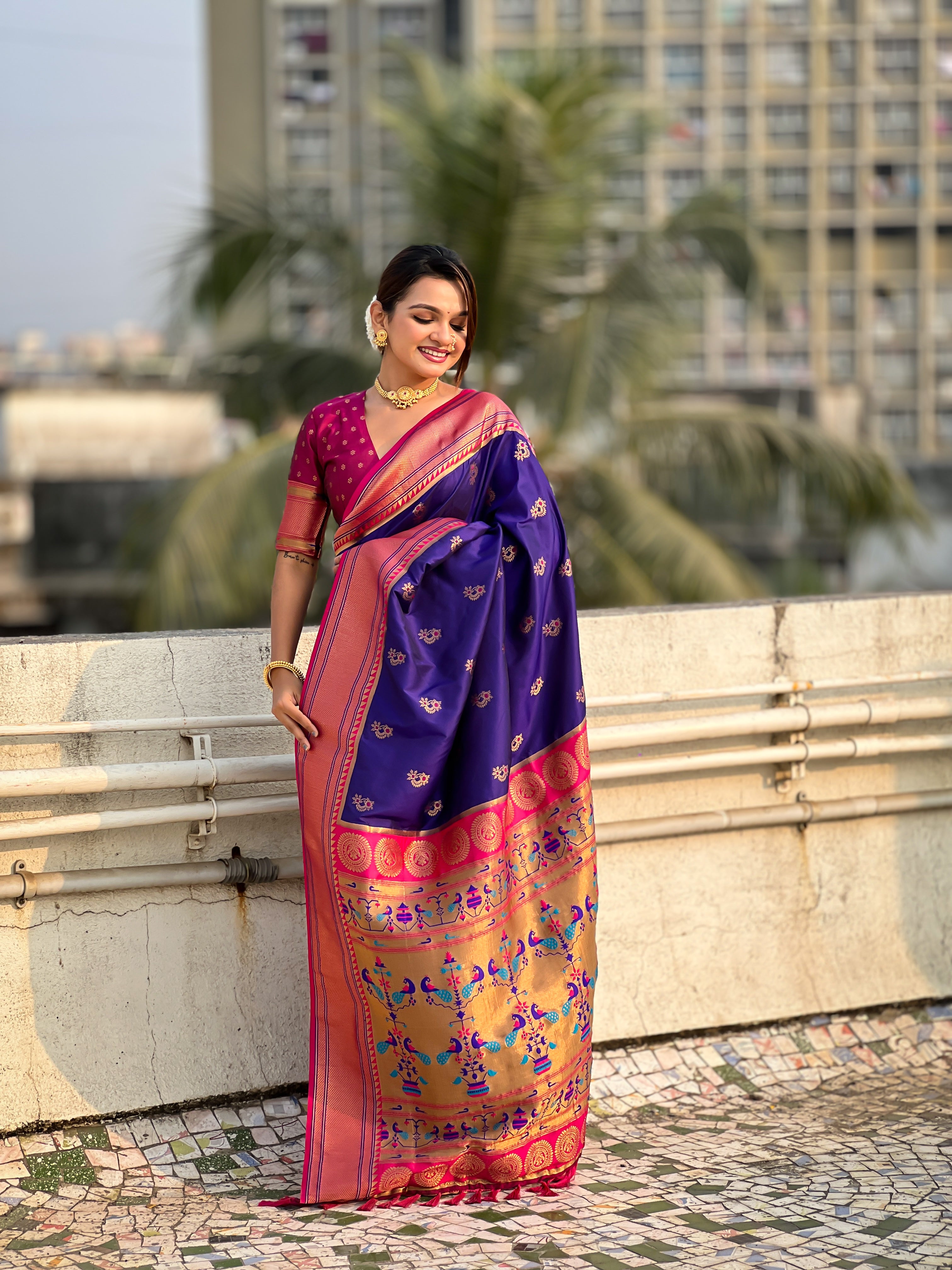 VIOLET SOFT SILK WITH NATH MEENAKARI WEAVES SAREE