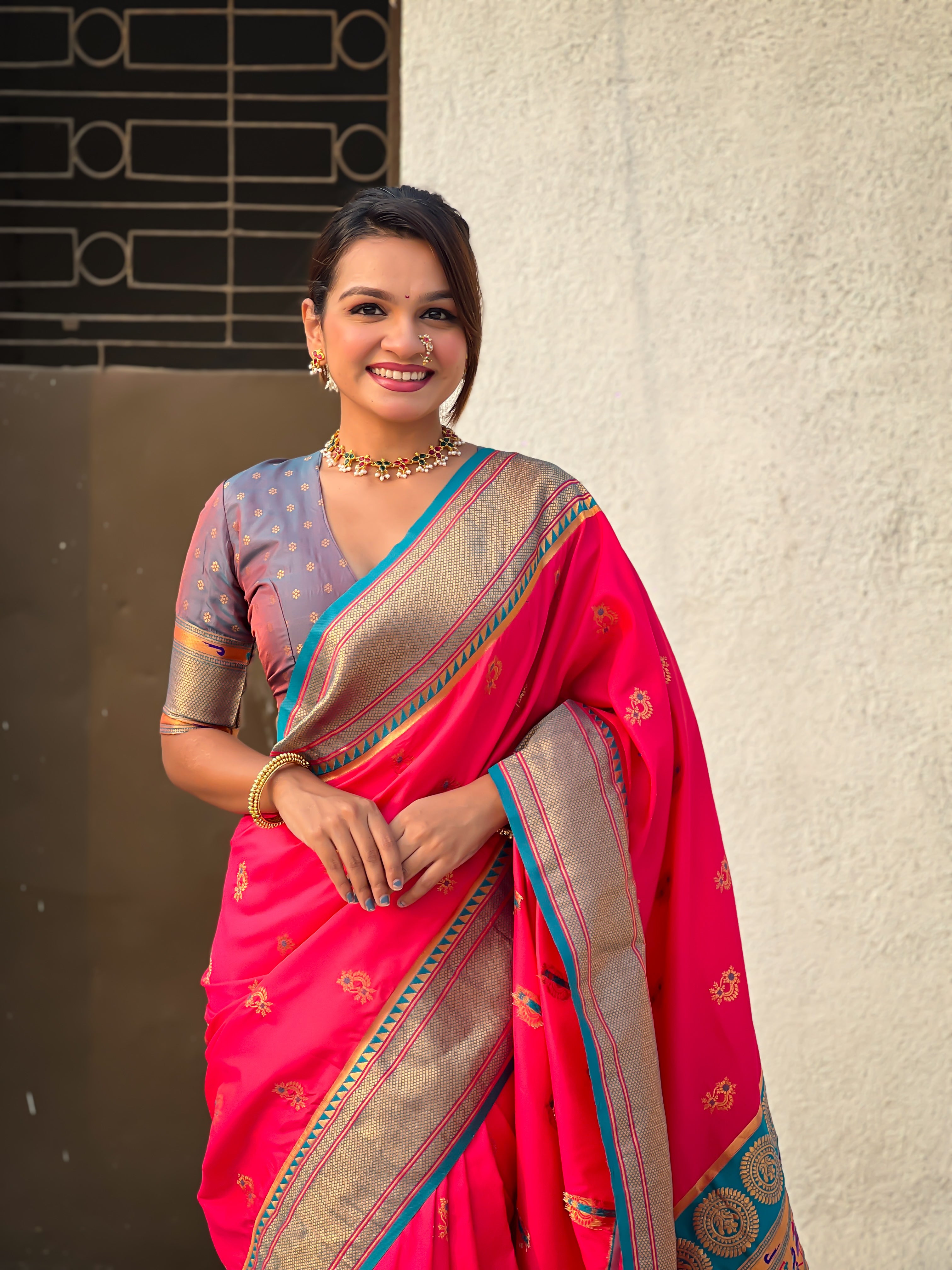 PINK SOFT SILK WITH NATH MEENAKARI WEAVES SAREE