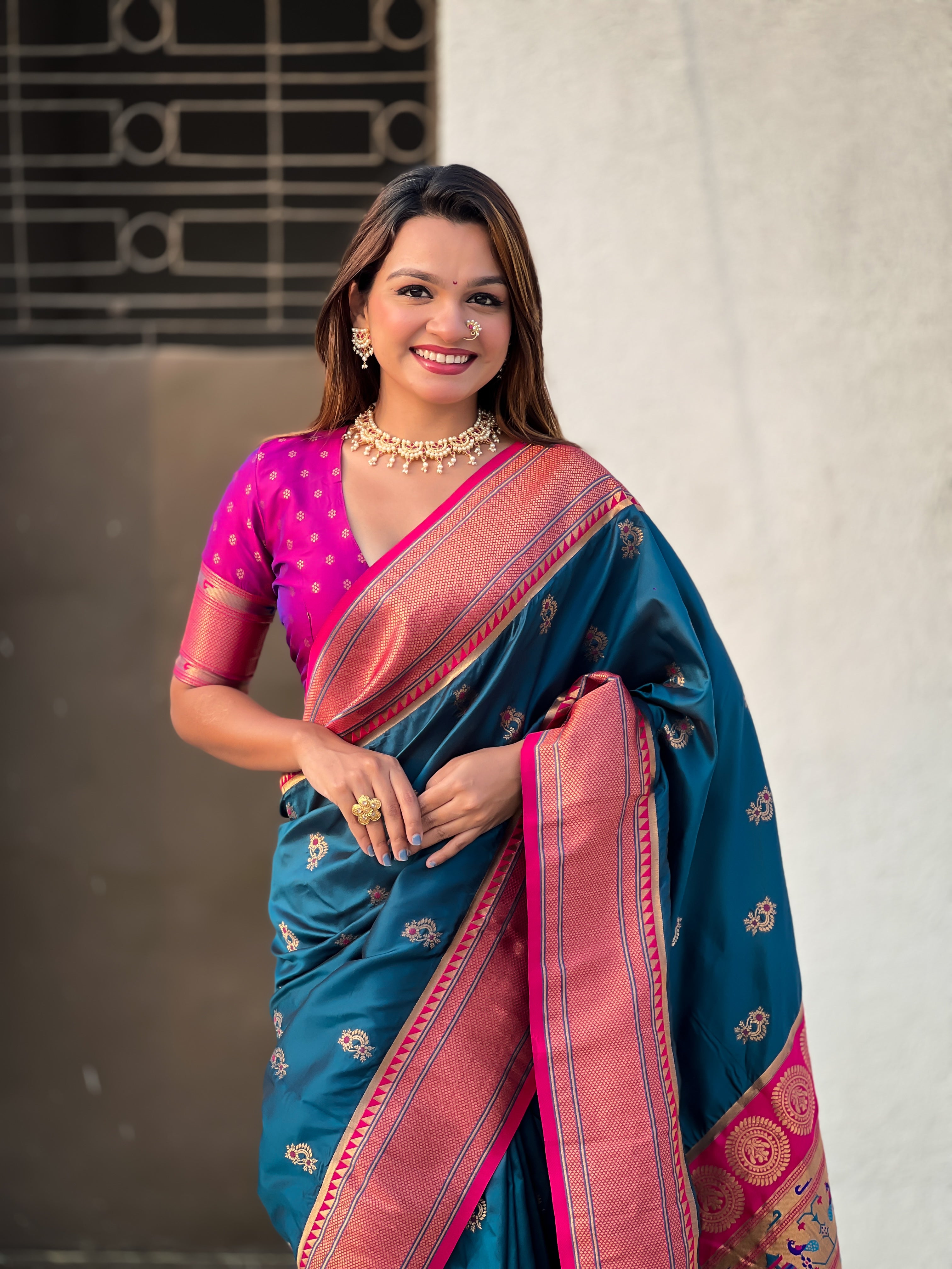 DENIM SOFT SILK WITH NATH MEENAKARI WEAVES SAREE