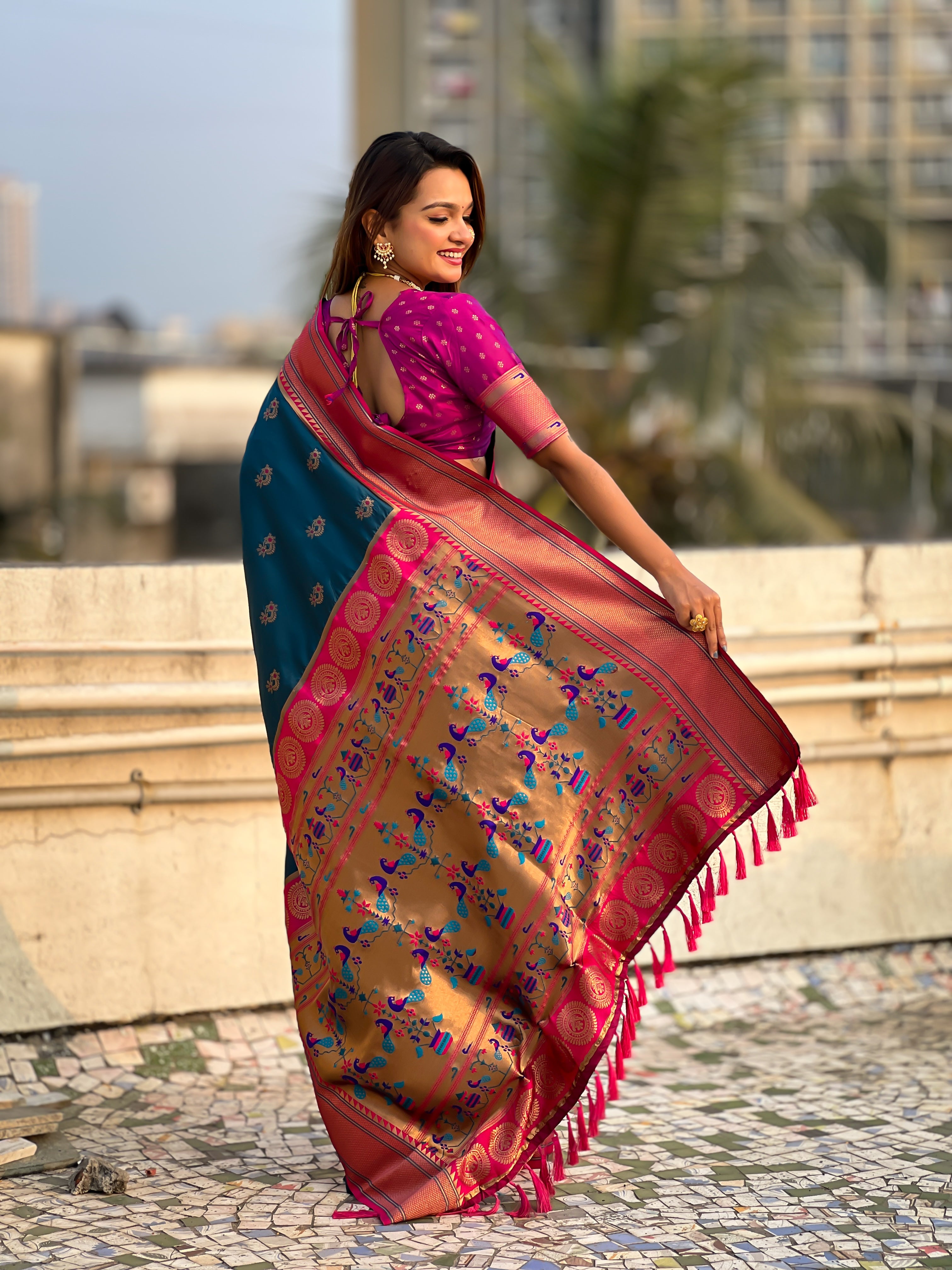 DENIM SOFT SILK WITH NATH MEENAKARI WEAVES SAREE