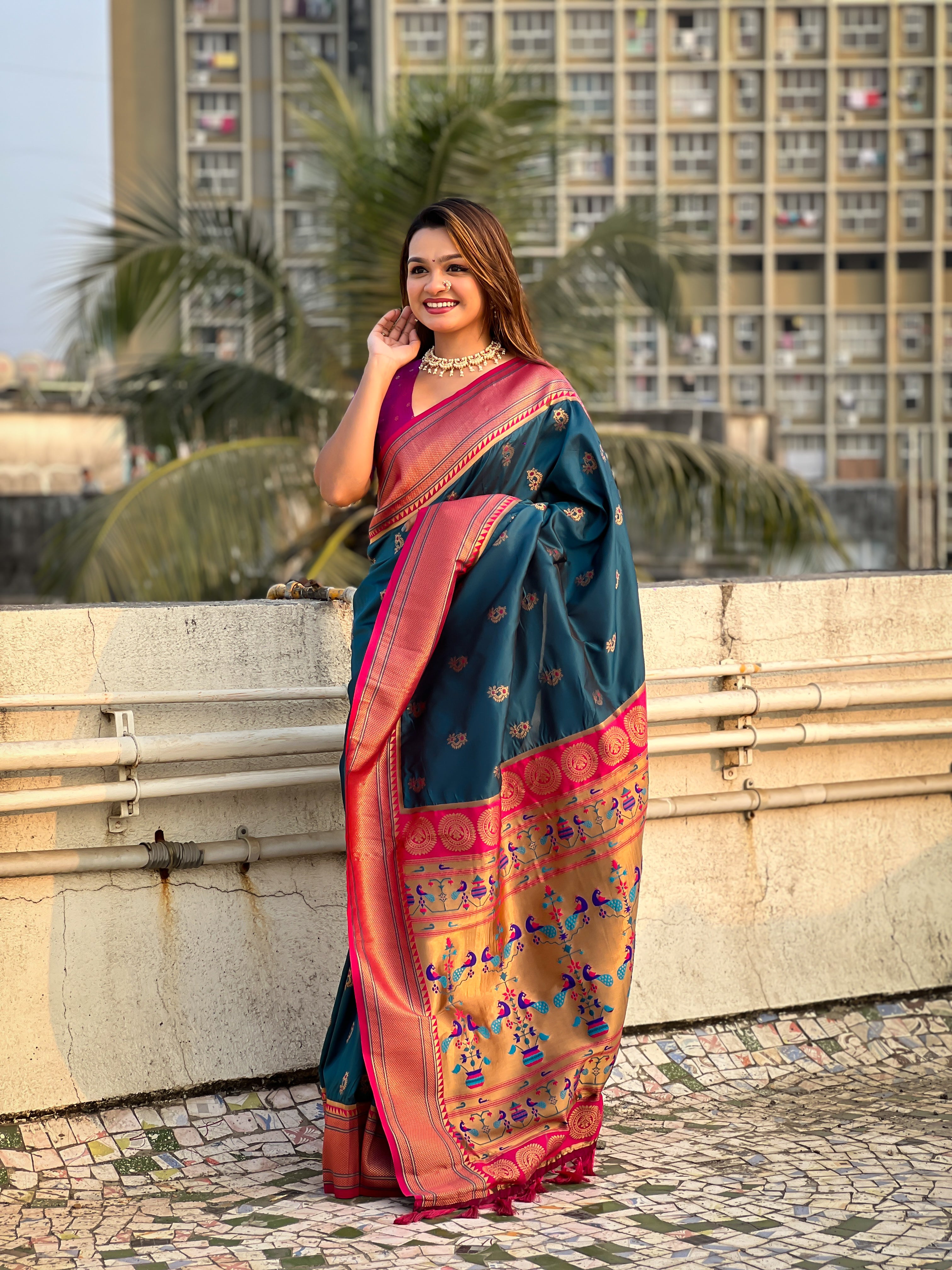 DENIM SOFT SILK WITH NATH MEENAKARI WEAVES SAREE