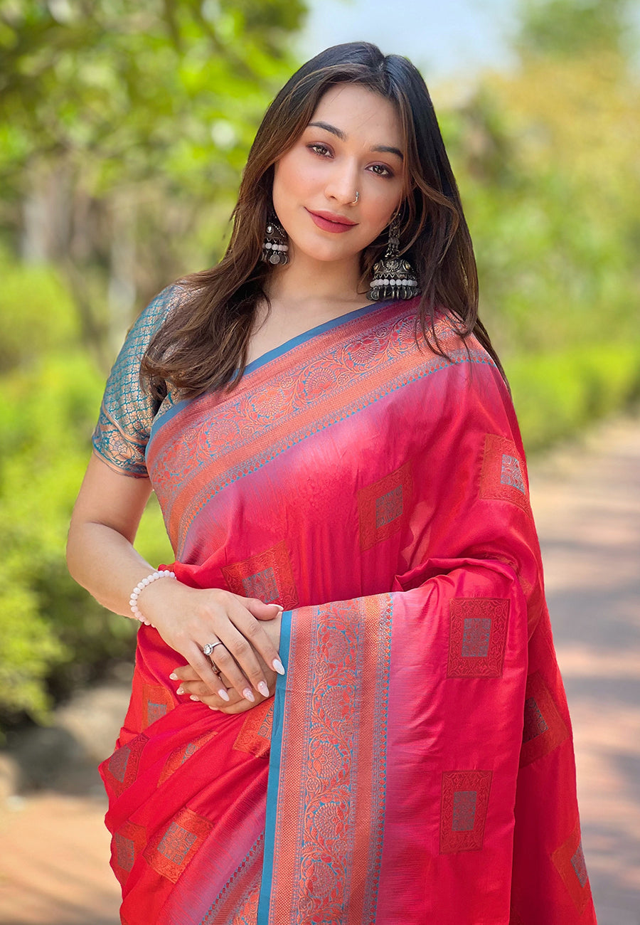 Red Soft Silk Zari Border Saree