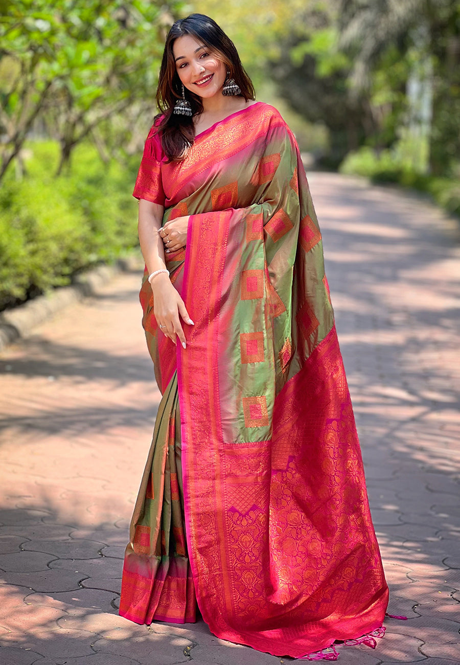 Green Soft Silk Zari Border Saree