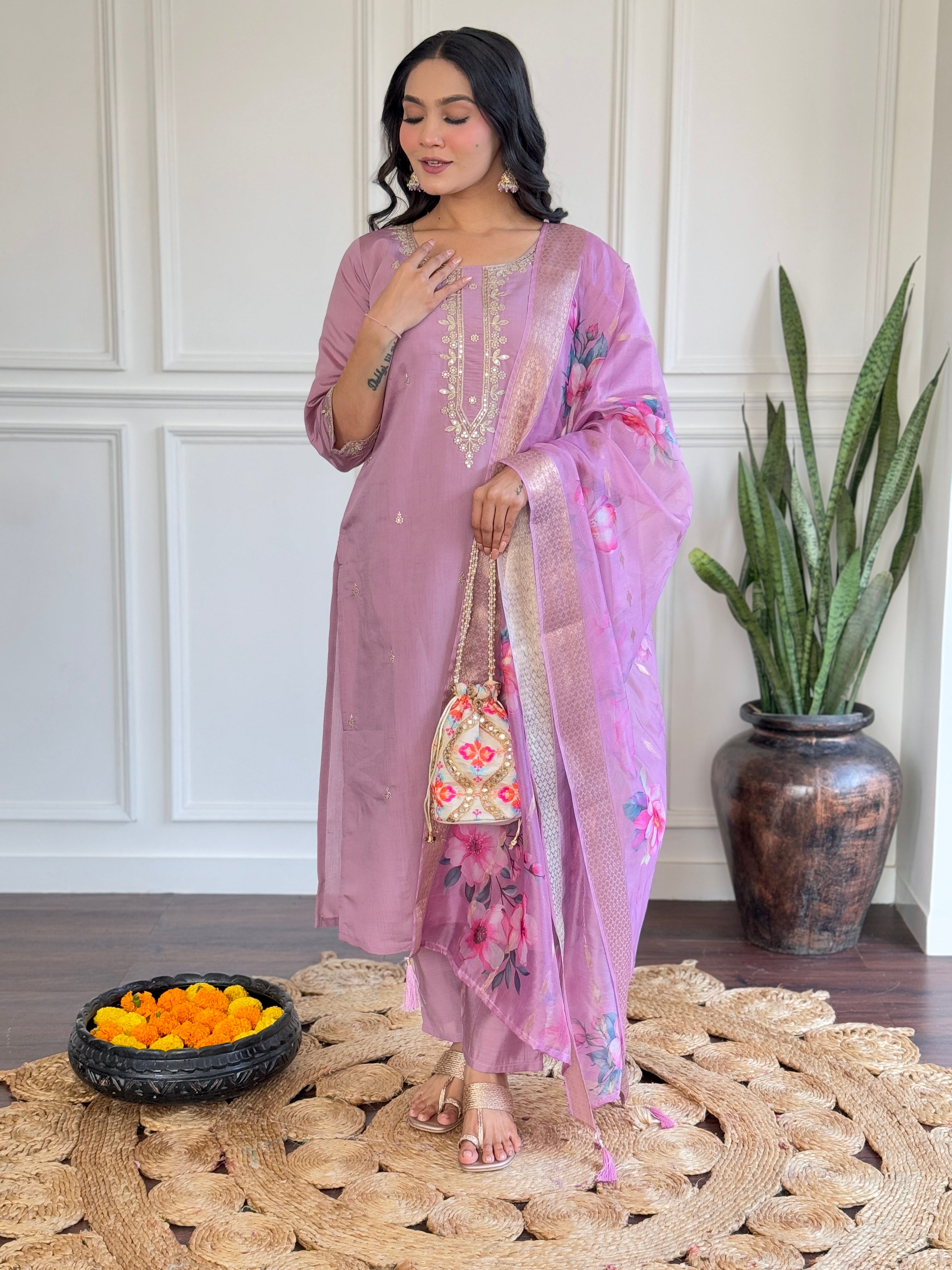 PURPLE Women Embroidered CHANDERI DUPAATA SET