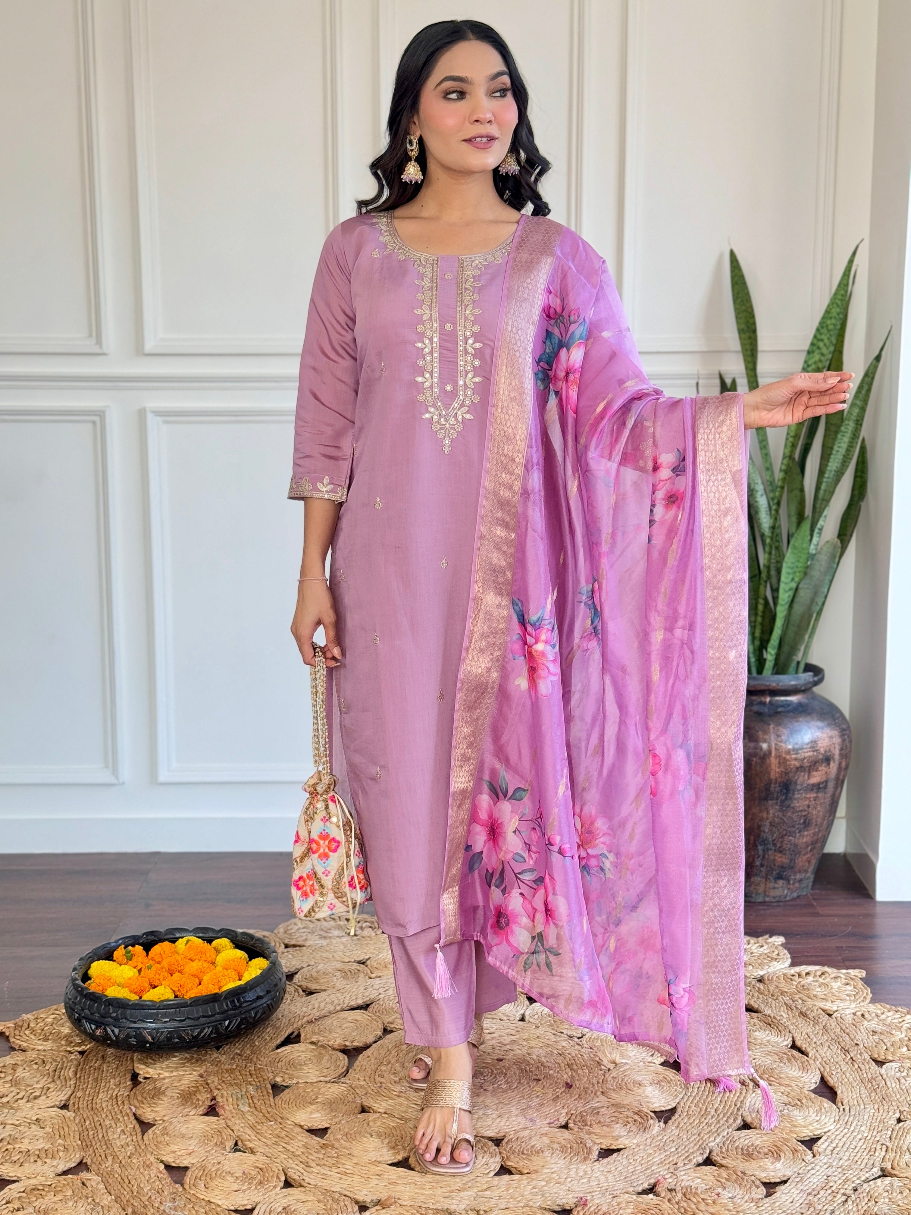 PURPLE Women Embroidered CHANDERI DUPAATA SET