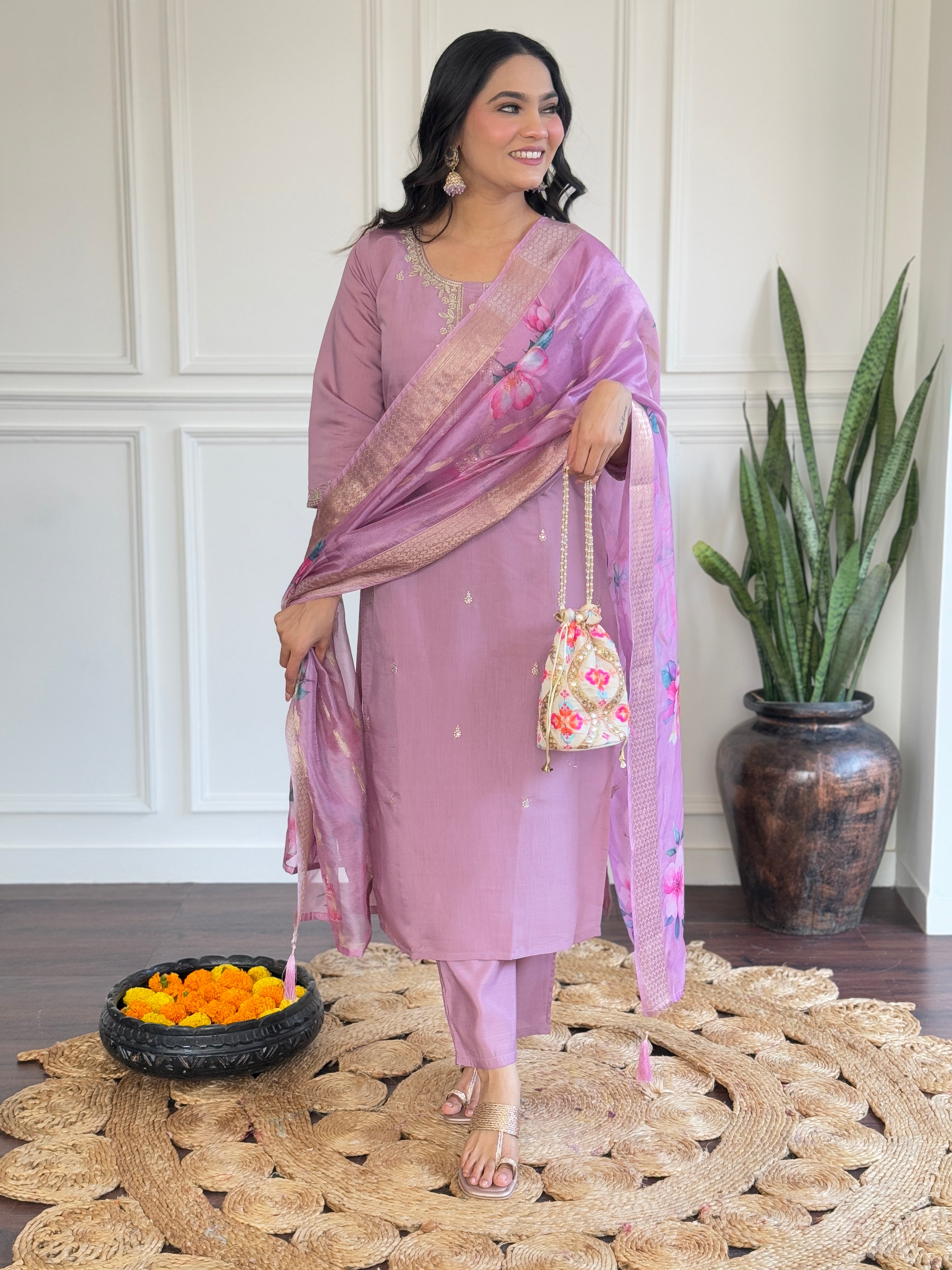 PURPLE Women Embroidered CHANDERI DUPAATA SET