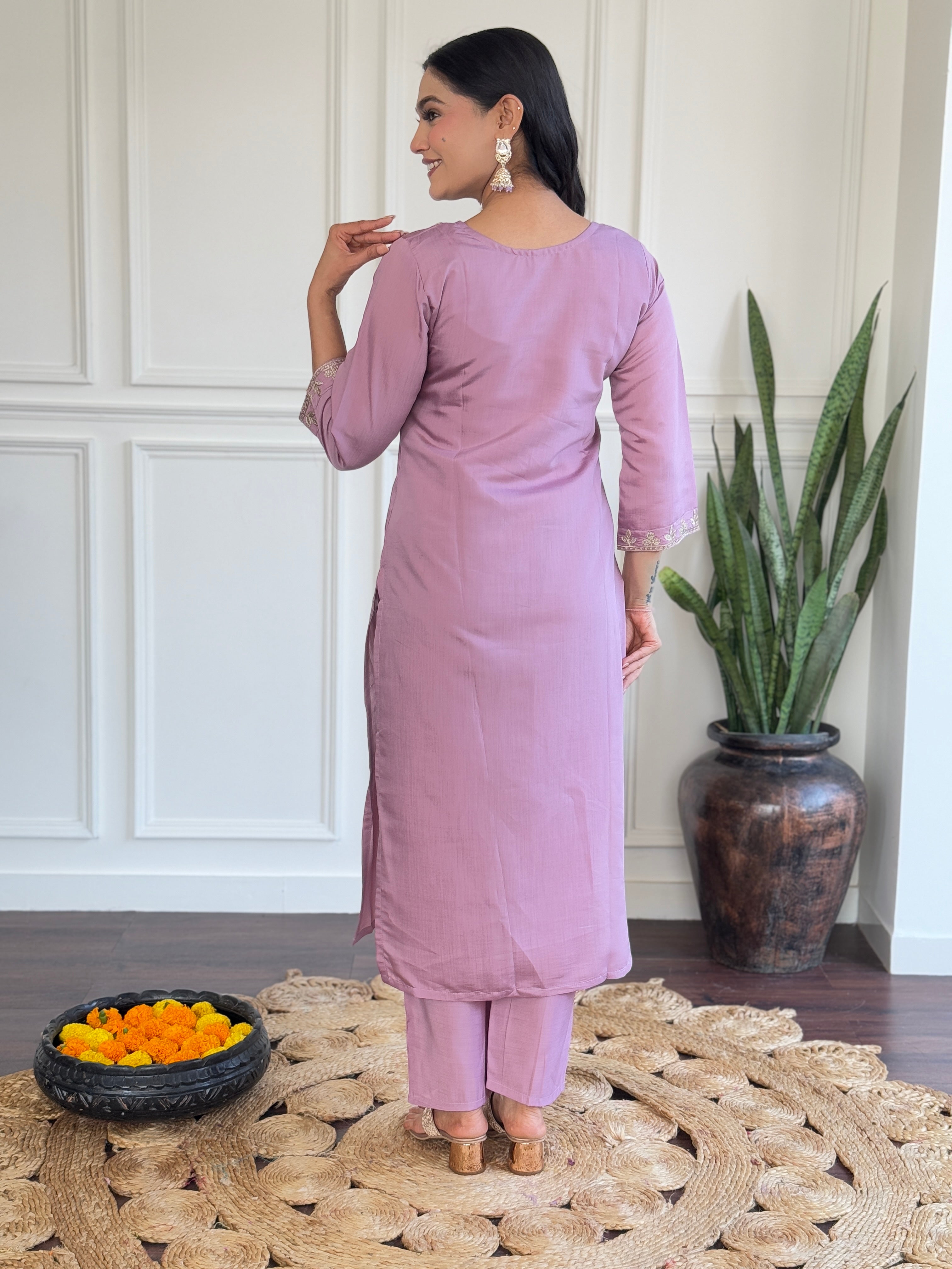 PURPLE Women Embroidered CHANDERI DUPAATA SET