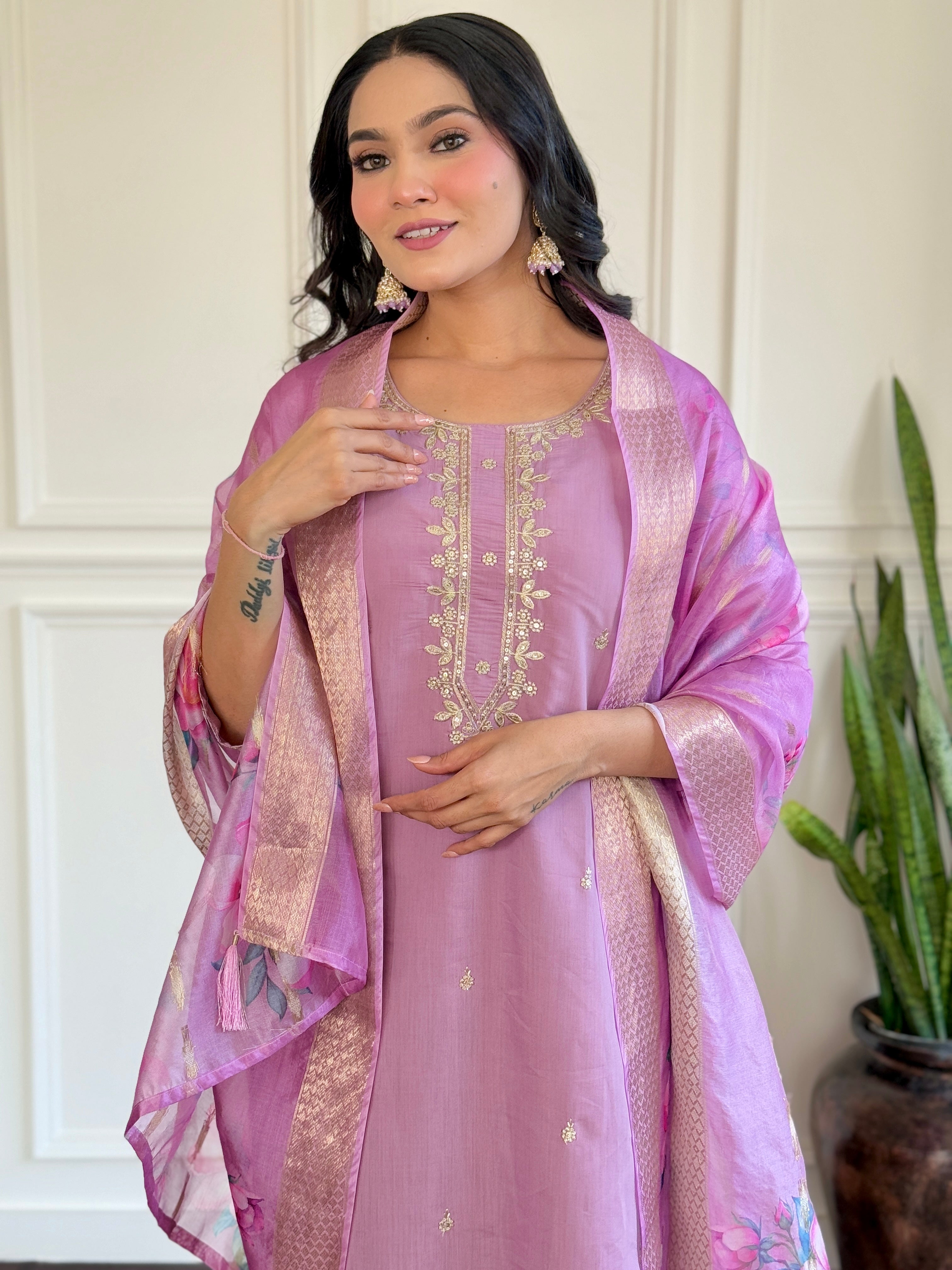 PURPLE Women Embroidered CHANDERI DUPAATA SET