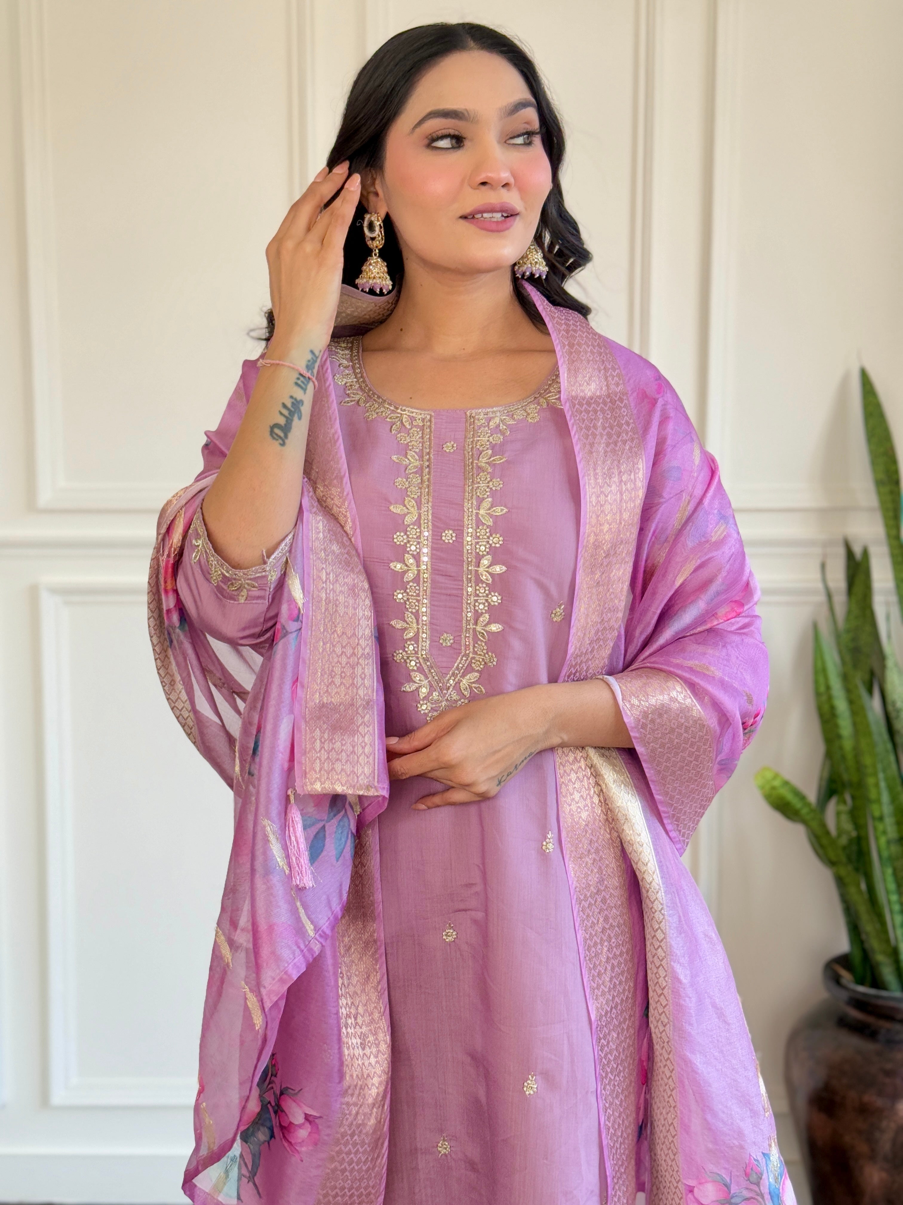 PURPLE Women Embroidered CHANDERI DUPAATA SET