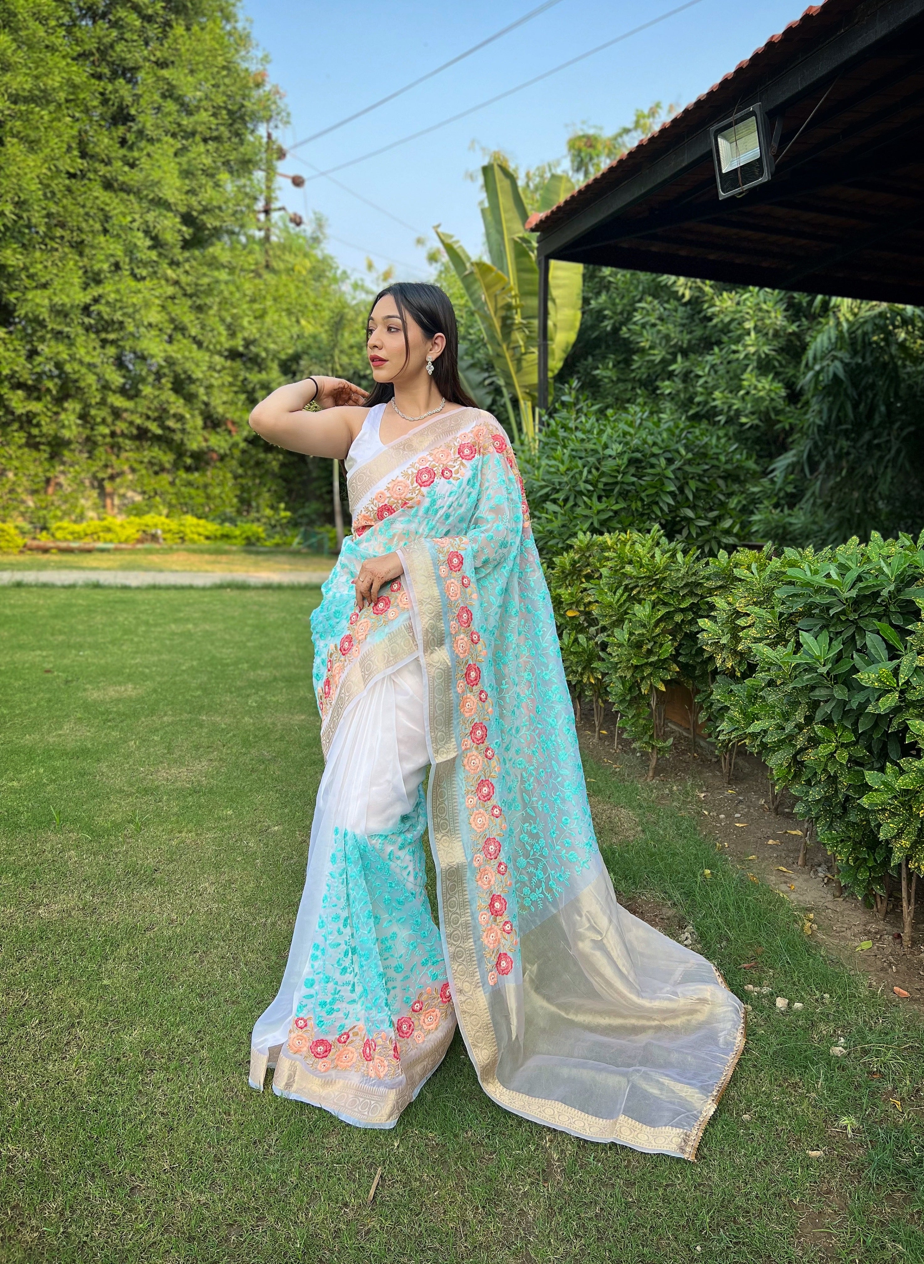 Sky ORGANZA SILK Saree With Satin Banglori Blouse