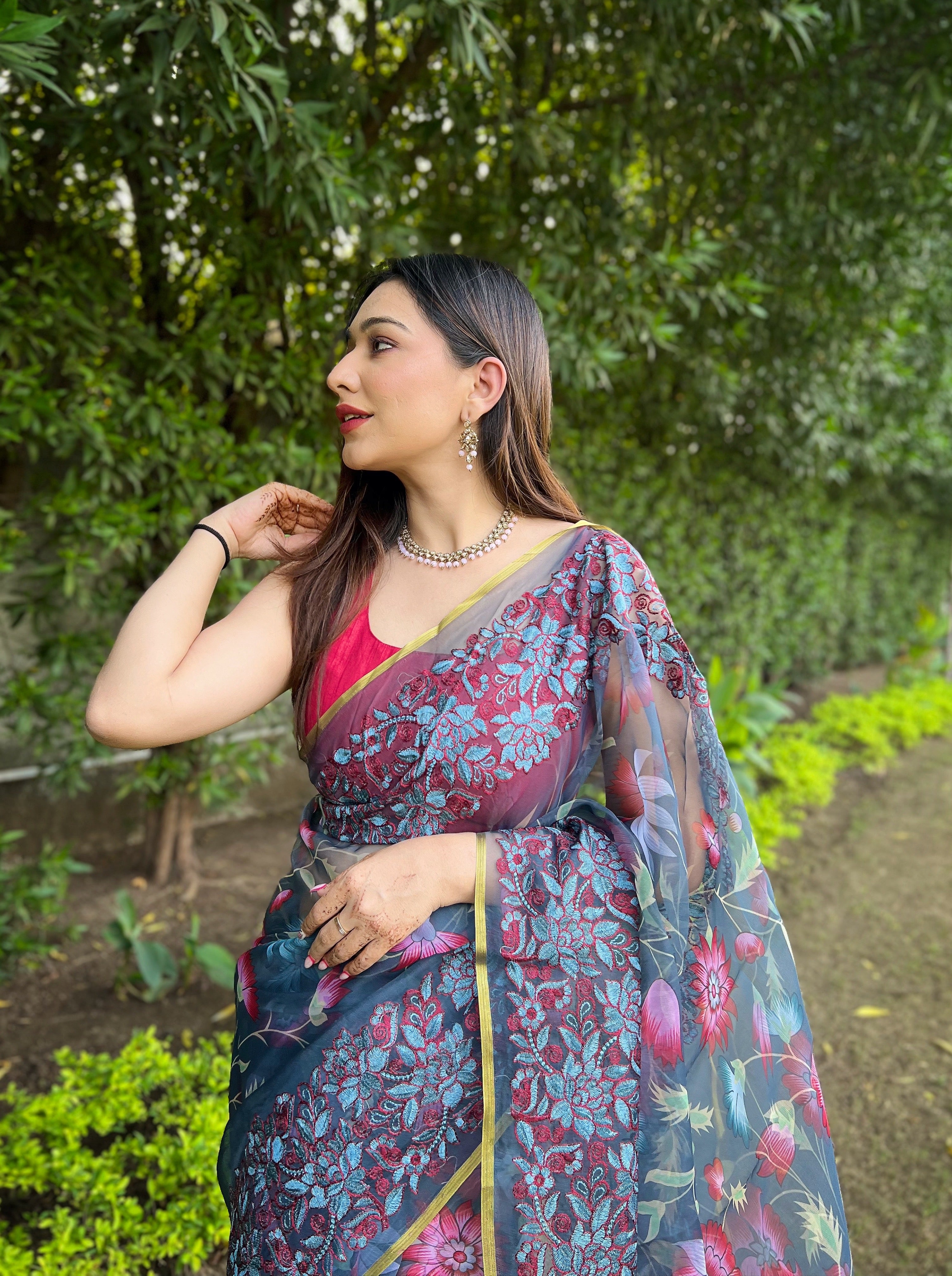 Grey Organza Saree With Banglori Silk Blouse