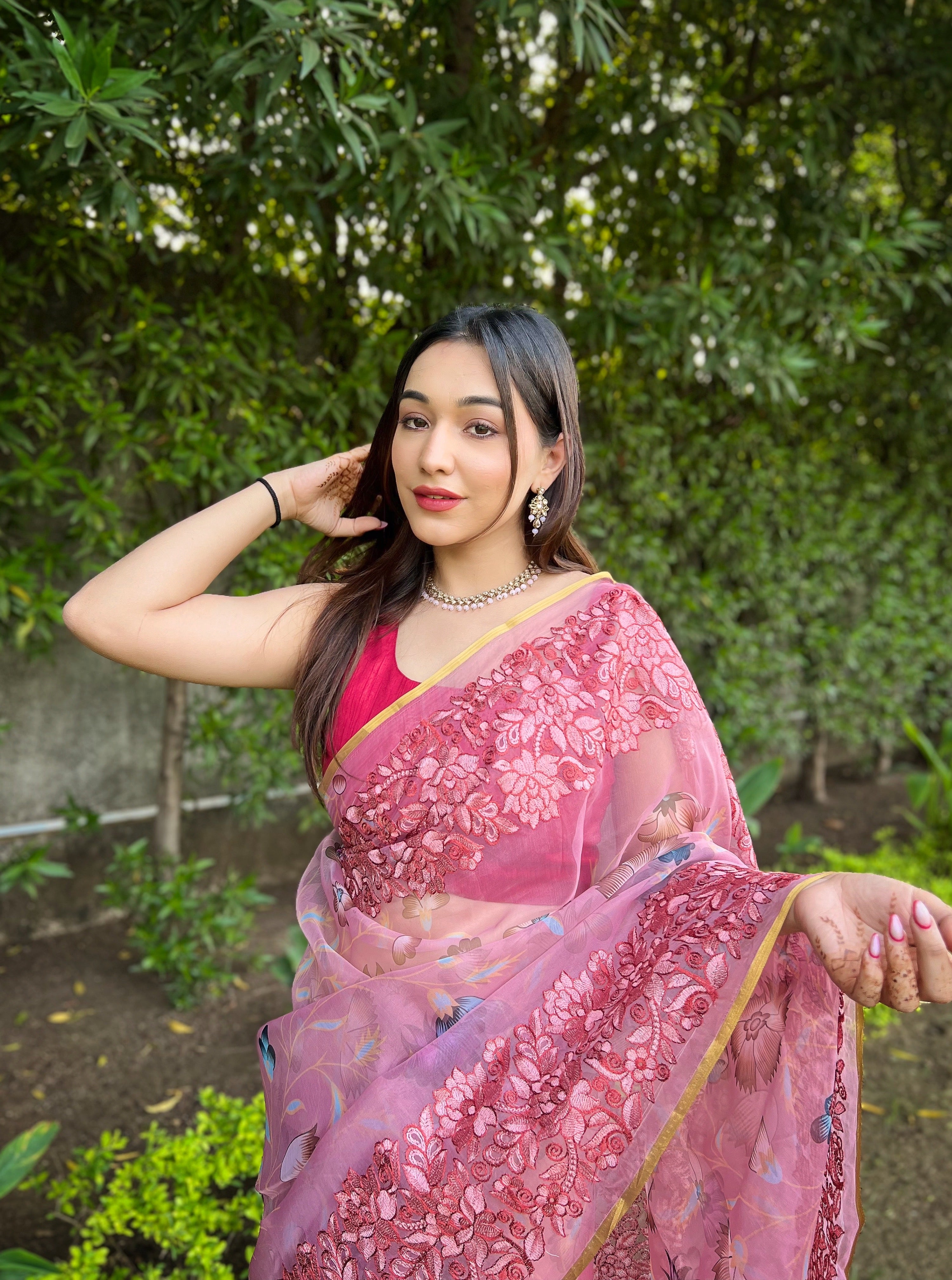 Peach Organza Saree With Banglori Silk Blouse