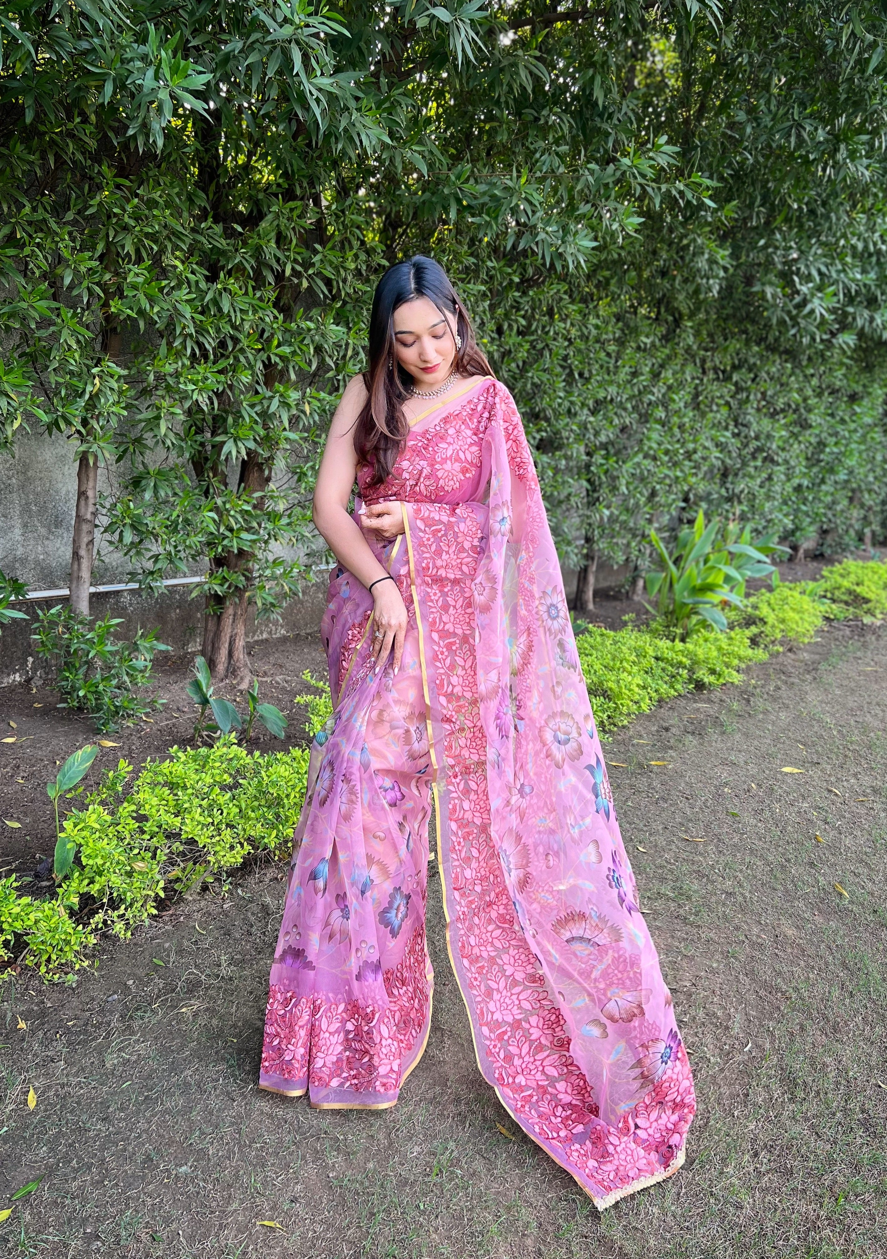 Peach Organza Saree With Banglori Silk Blouse