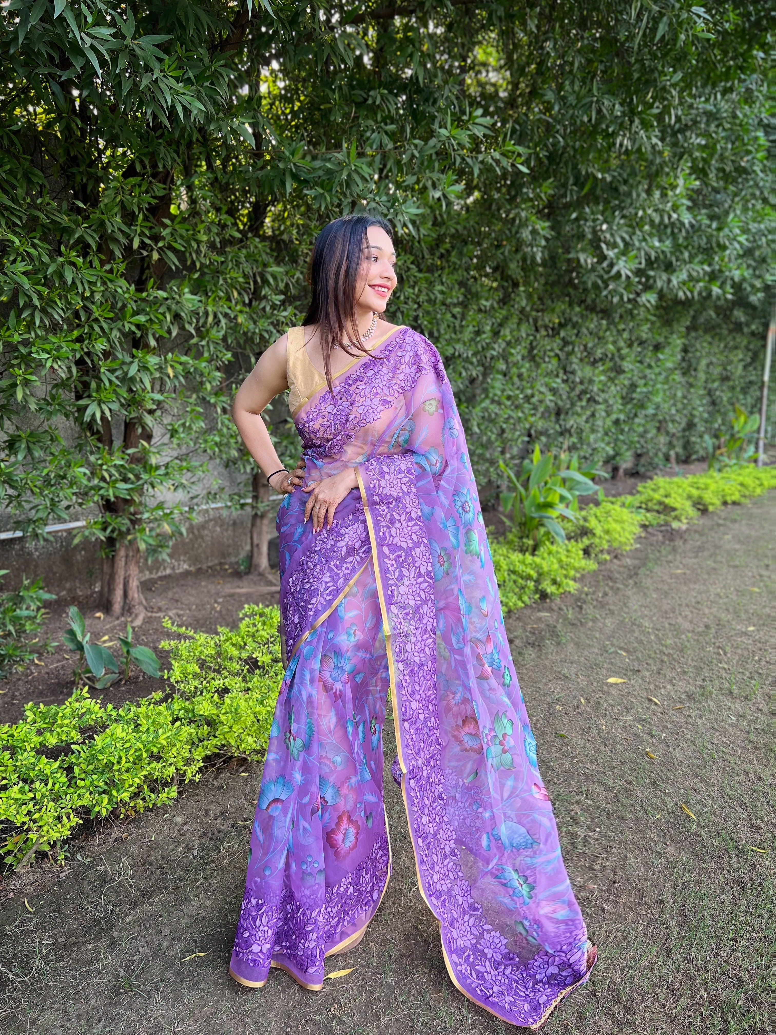 Purple Organza Saree With Banglori Silk Blouse