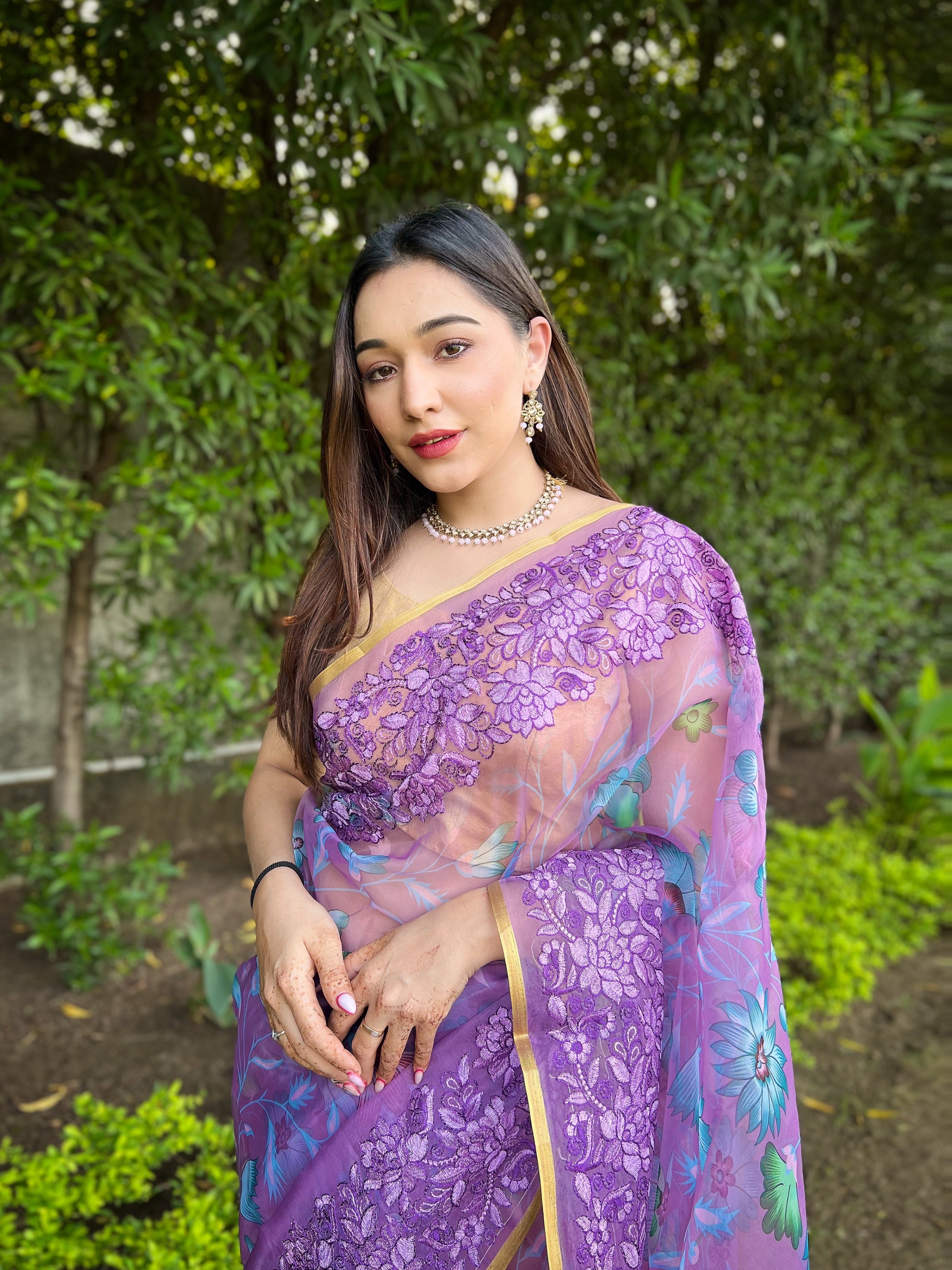 Purple Organza Saree With Banglori Silk Blouse