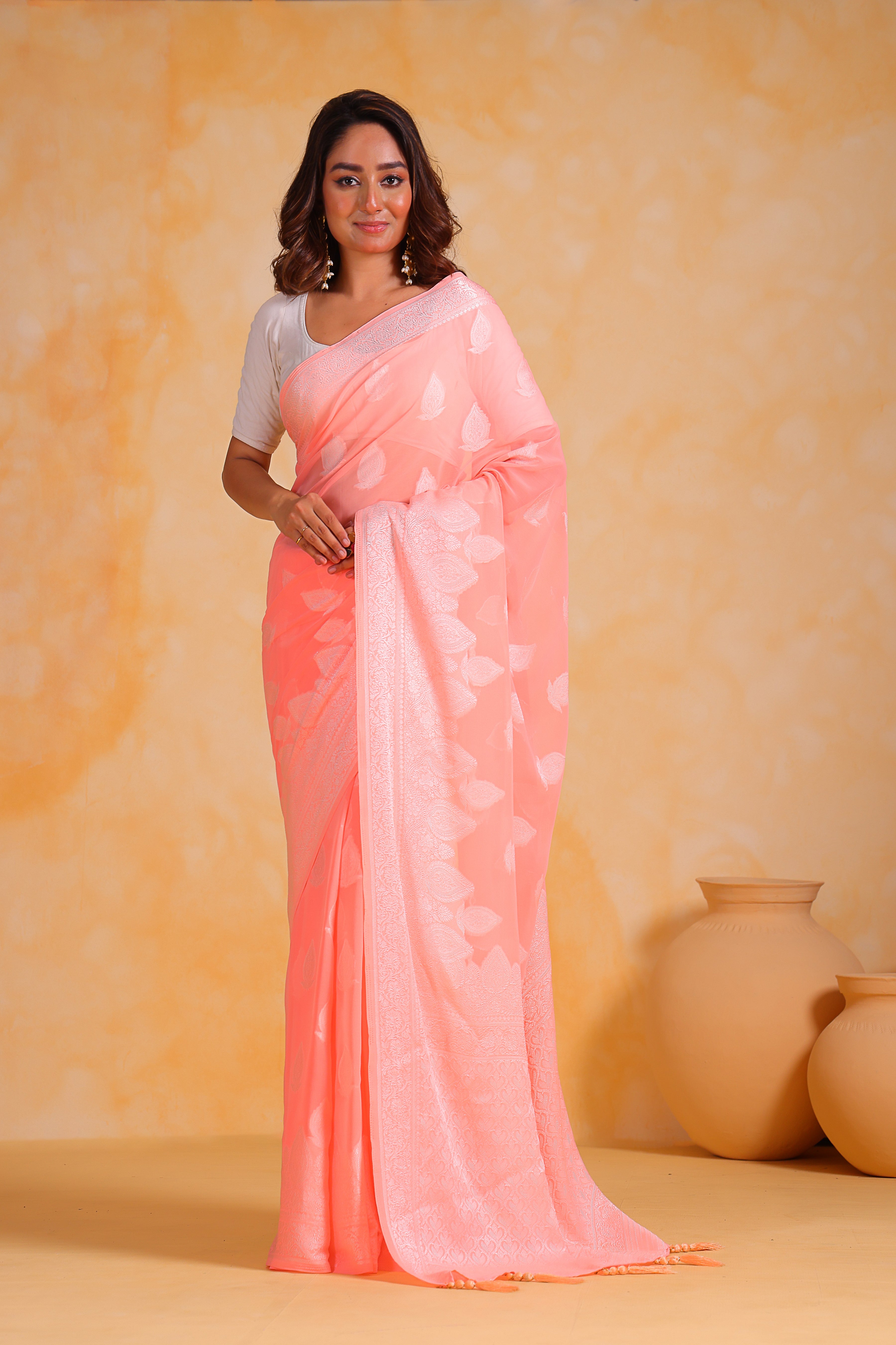 Peach Georgette Saree With Georgette Blouse