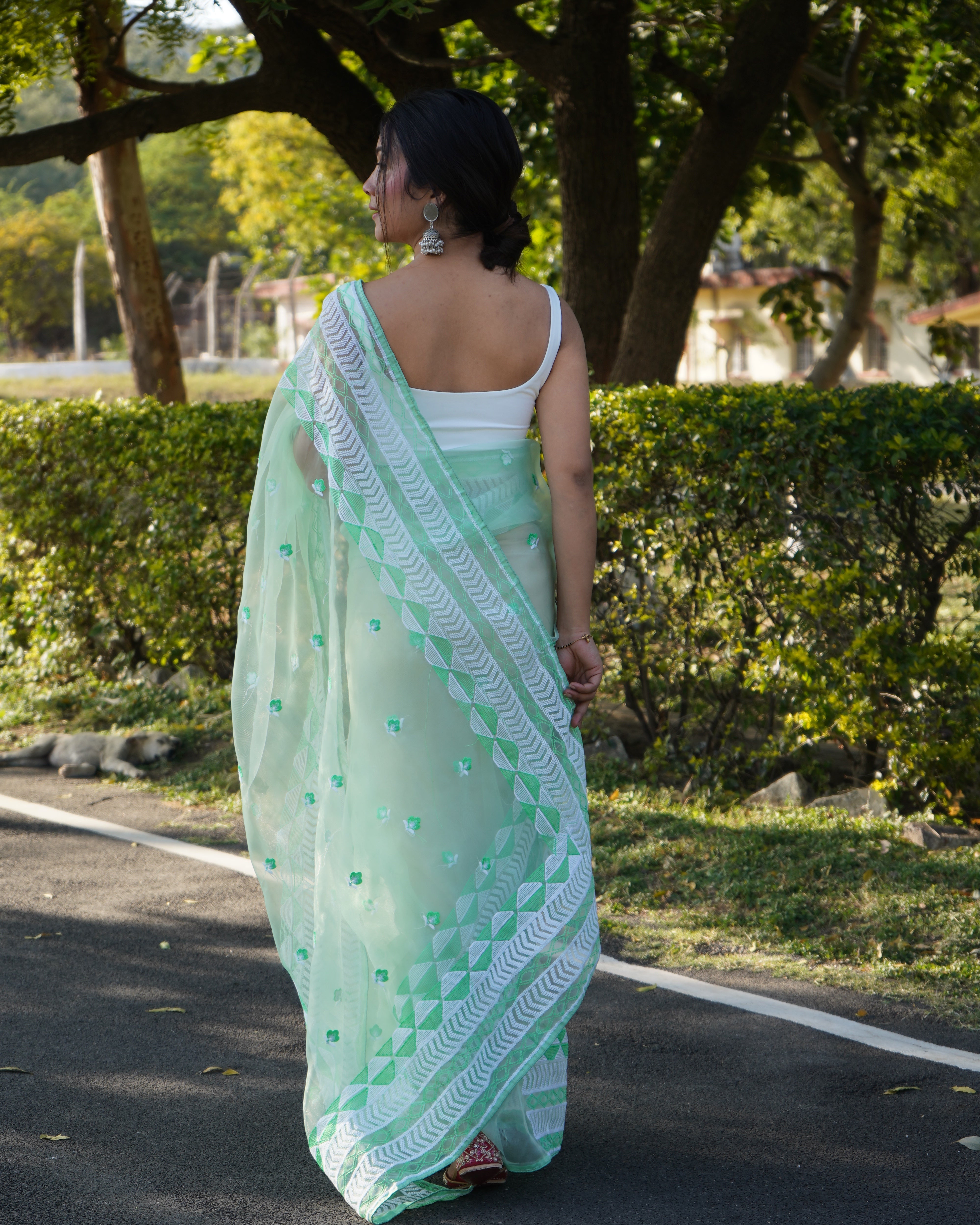 GREEN Organza Saree With Satin Benglori Blouse