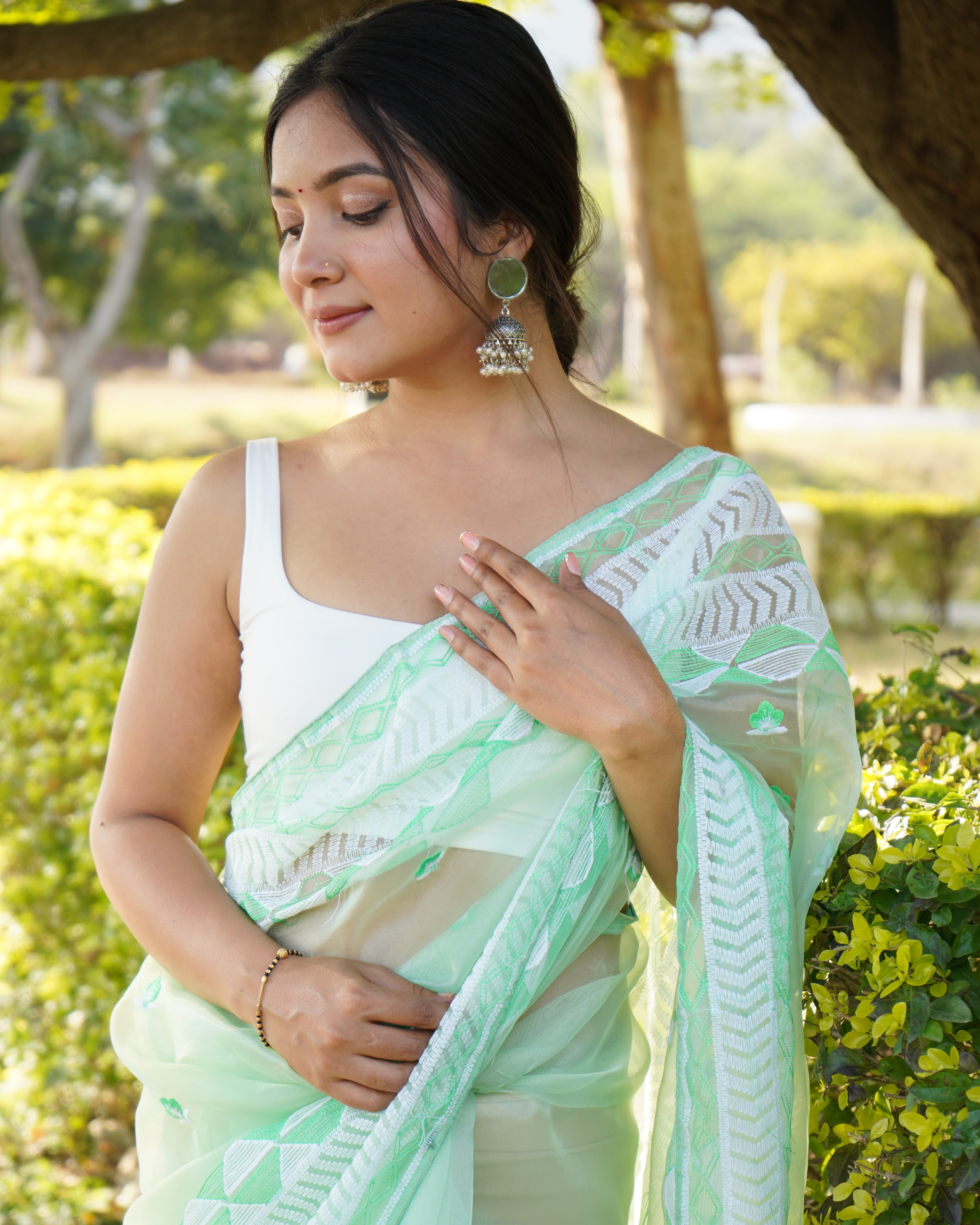 GREEN Organza Saree With Satin Benglori Blouse