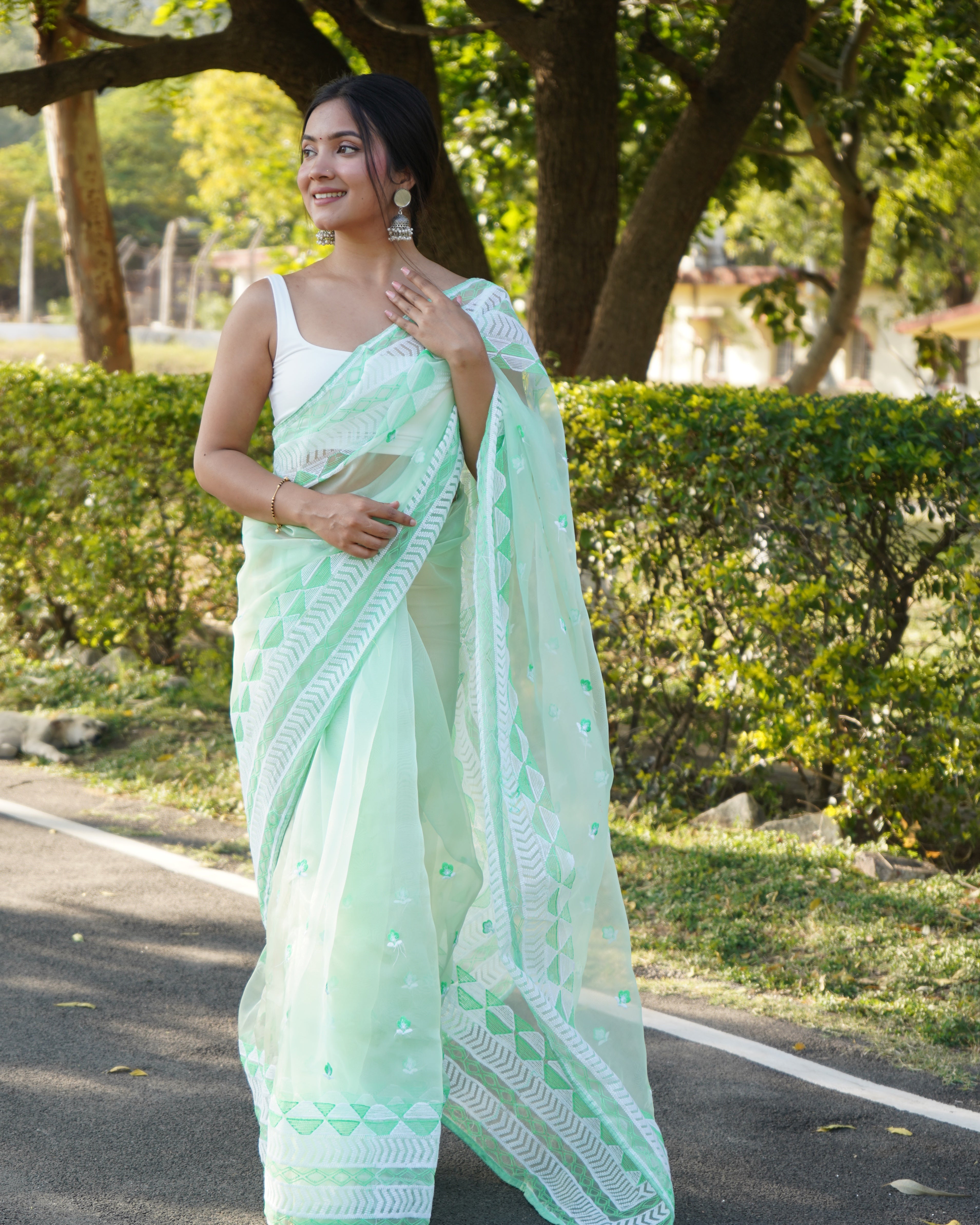 GREEN Organza Saree With Satin Benglori Blouse